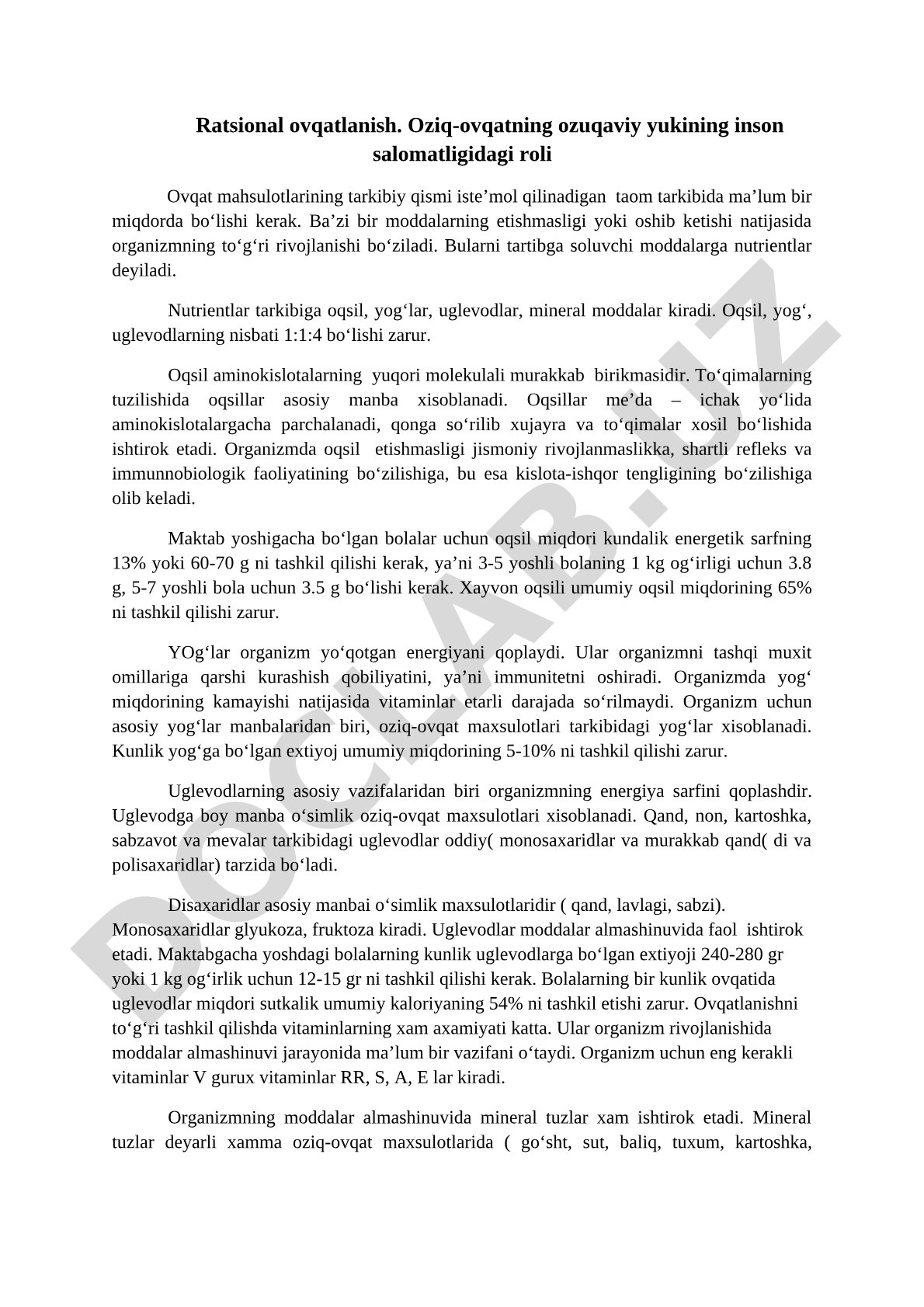 Ratsional ovqatlanish va oziq-ovqatning ozuqaviy yukining inson salomatligidagi roli