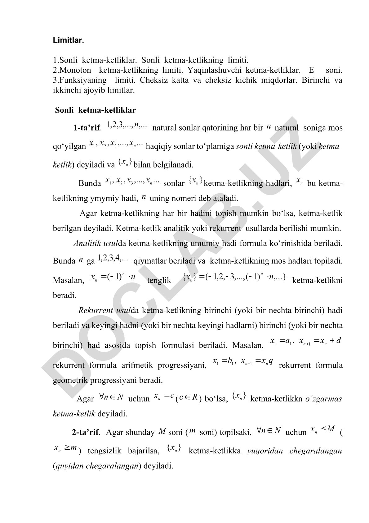 Sonli ketma-ketliklar va funksiyalar limitlari