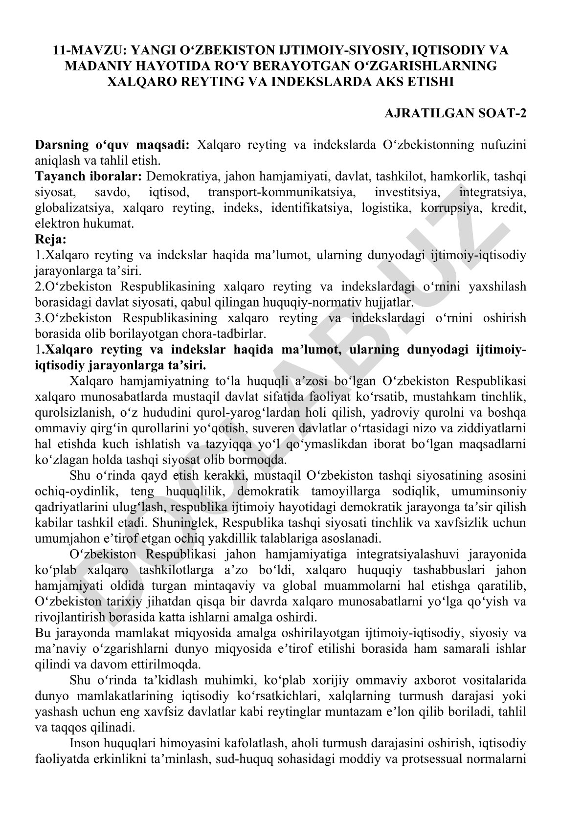 Yangi Oʻzbekistonning xalqaro reyting va indekslarda aks etishi