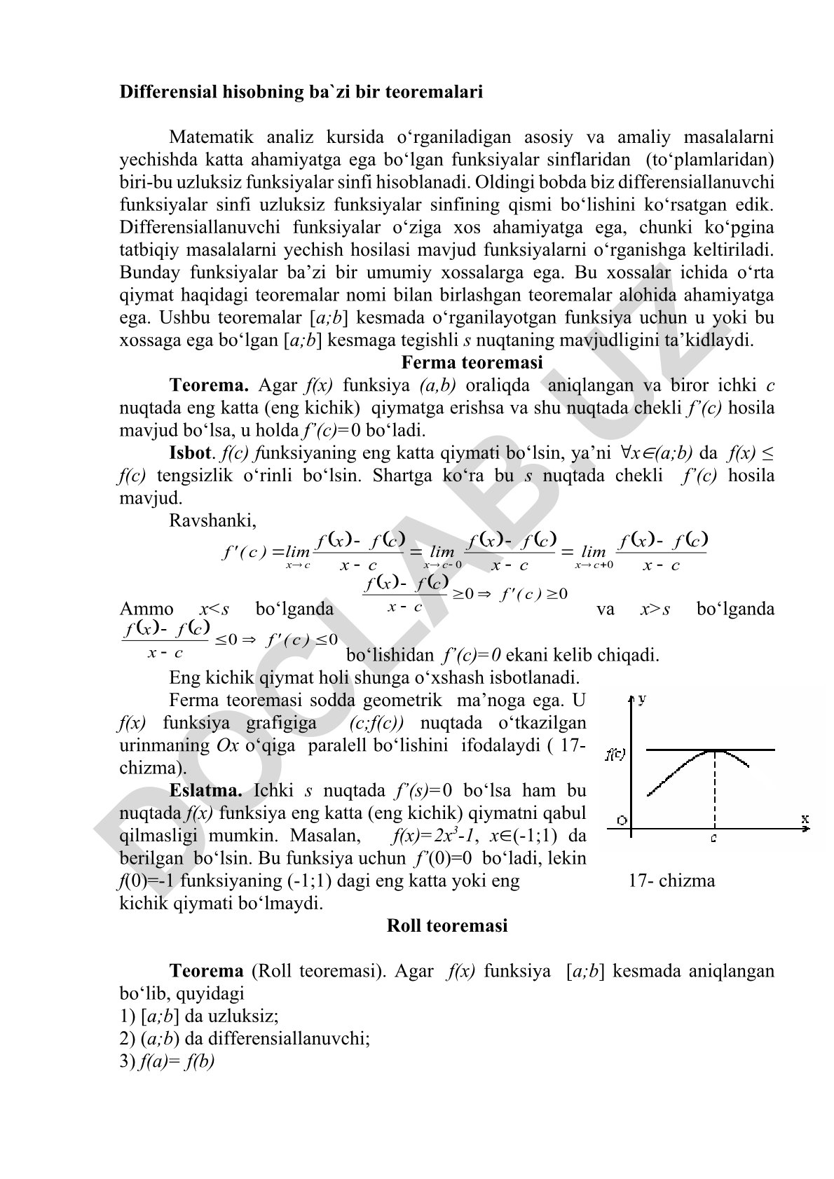 Differensial hisobning ba'zi bir teoremalari