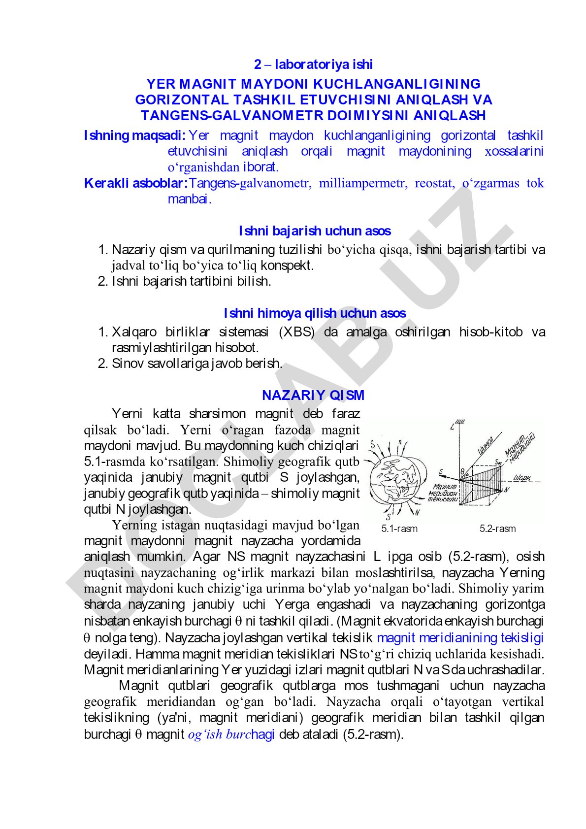 Yer magnit maydon kuchlanganligining gorizontal tashkil etuvchisini aniqlash