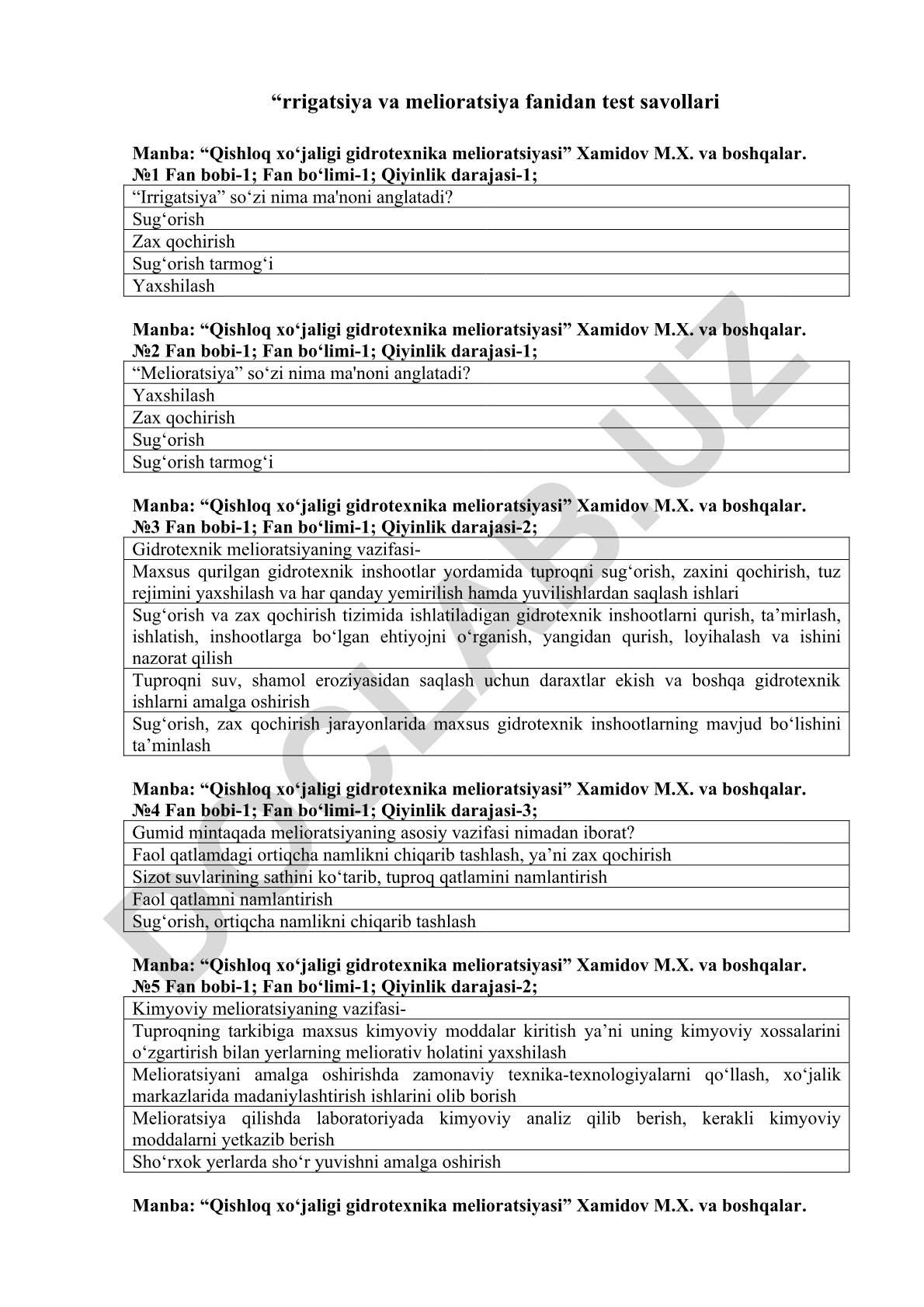 Irrigatsiya va melioratsiya fanidan test savollari