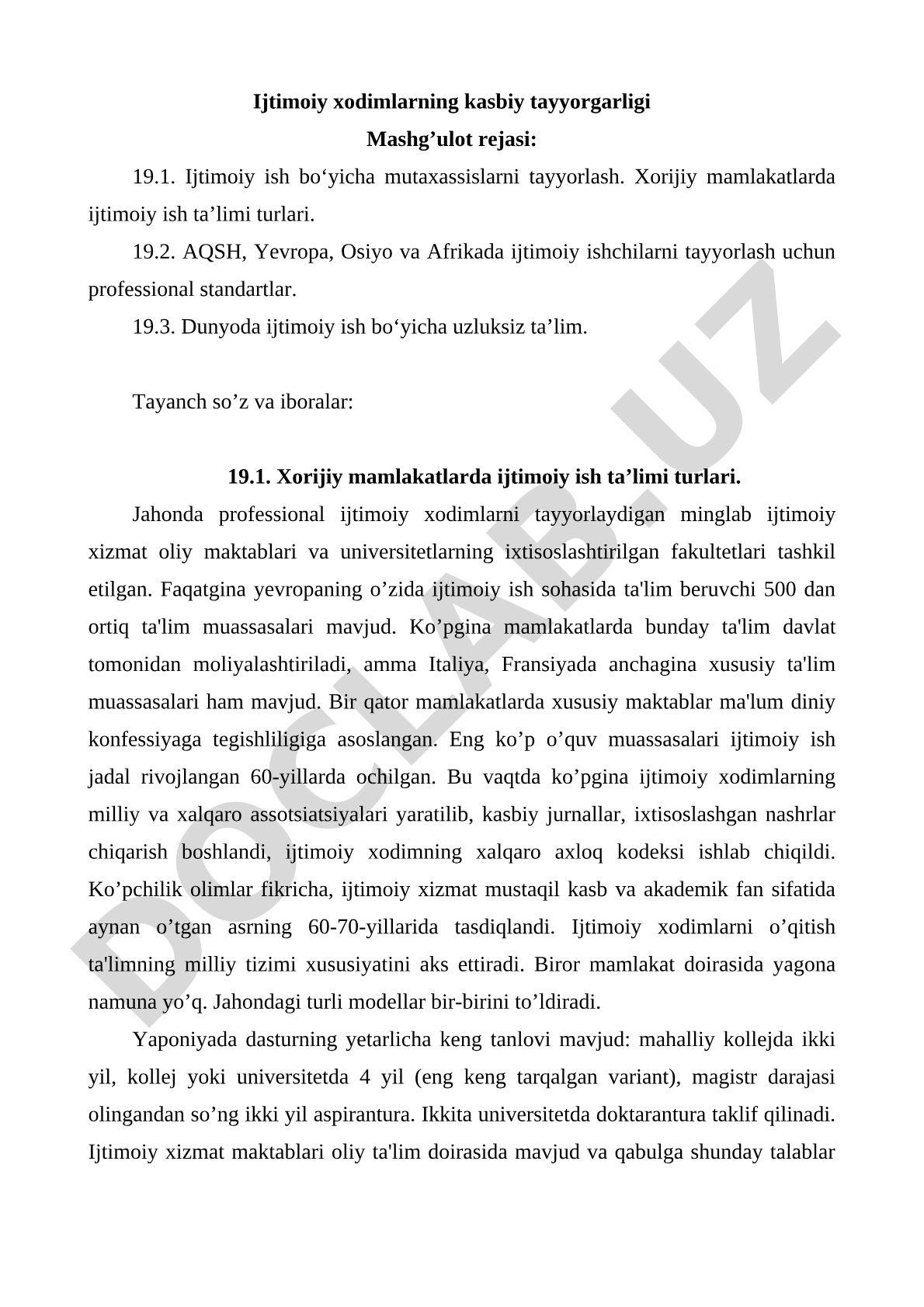 Ijtimoiy xodimlarning kasbiy tayyorgarligi