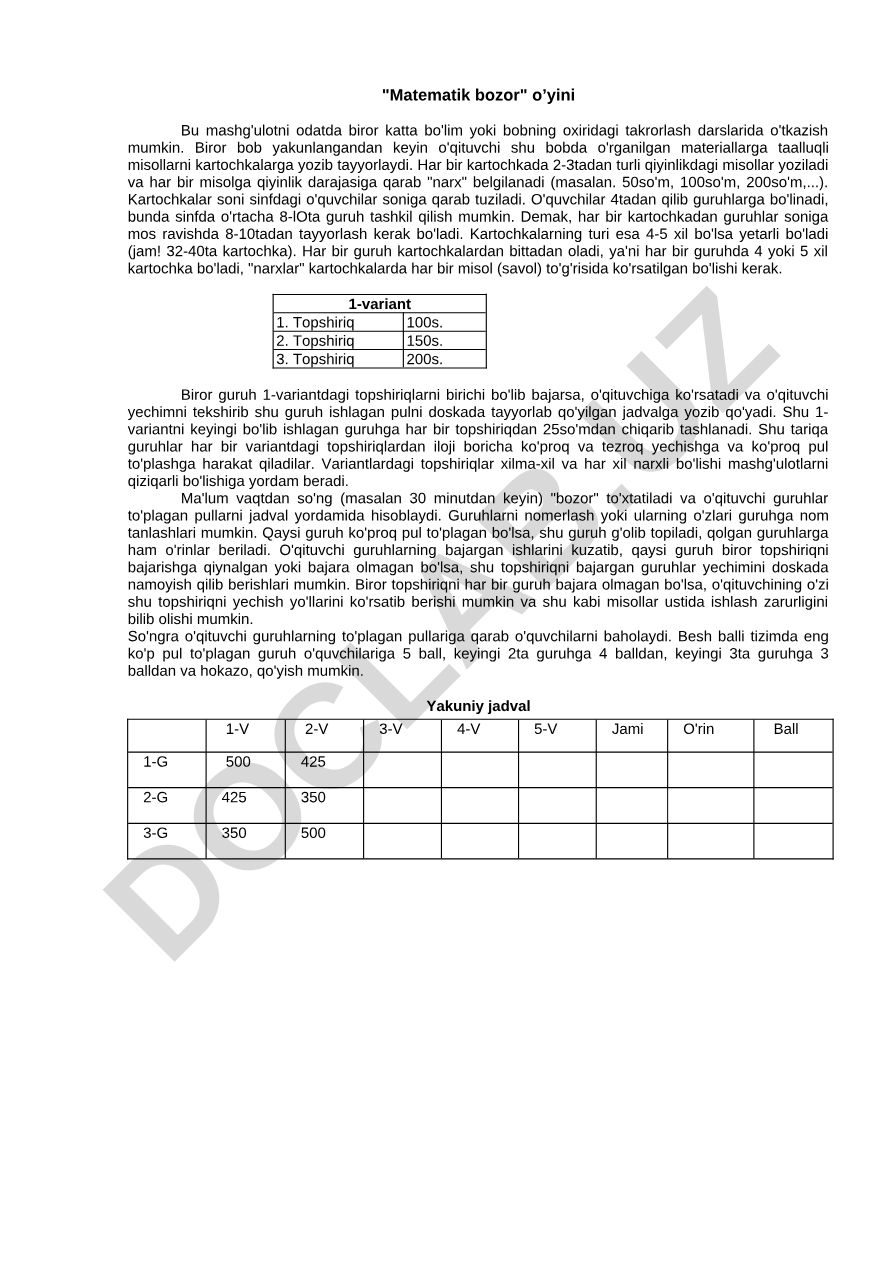 Matematik bozor o'yini