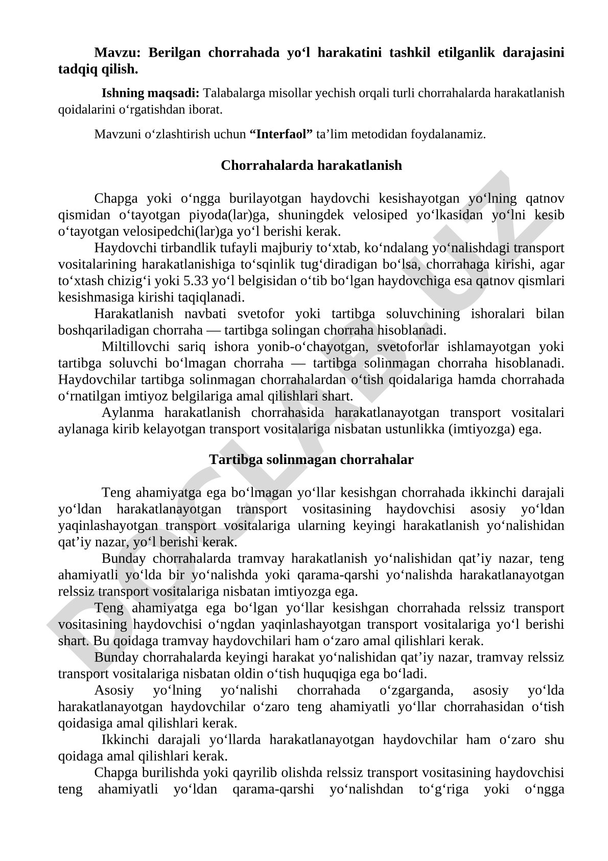 Berilgan chorrahada yo‘l harakatini tashkil etilganlik darajasini tadqiq qilish