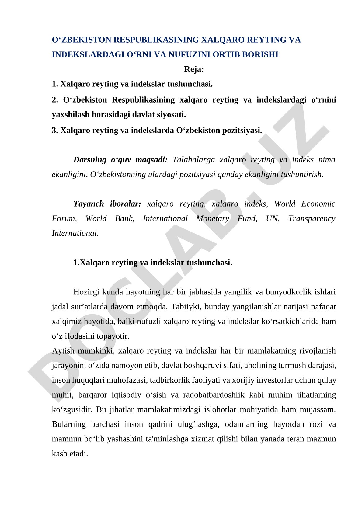 O'zbekiston Respublikasining xalqaro reyting va indekslardagi o'rni va nufuzini ortib borishi
