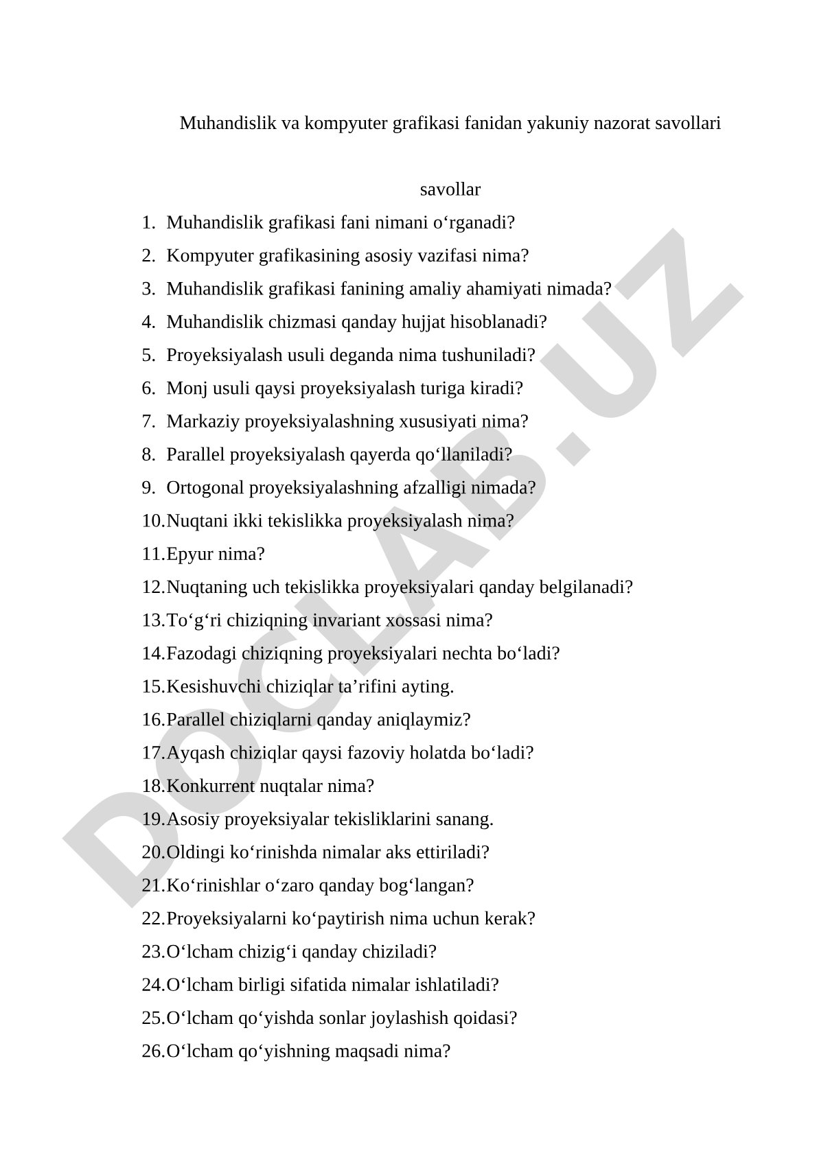 Muhandislik va kompyuter grafikasi fanidan yakuniy nazorat savollari