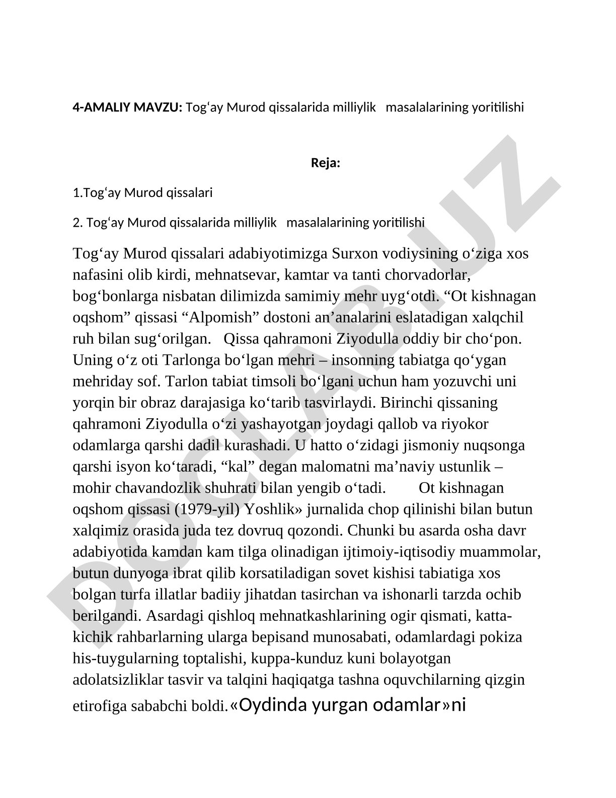 Tog'ay Murod qissalarida milliylik masalalarining yoritilishi