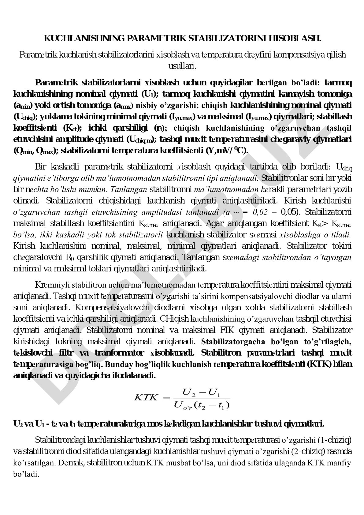 Kuchlanishning parametrik stabilizatorini hisoblash