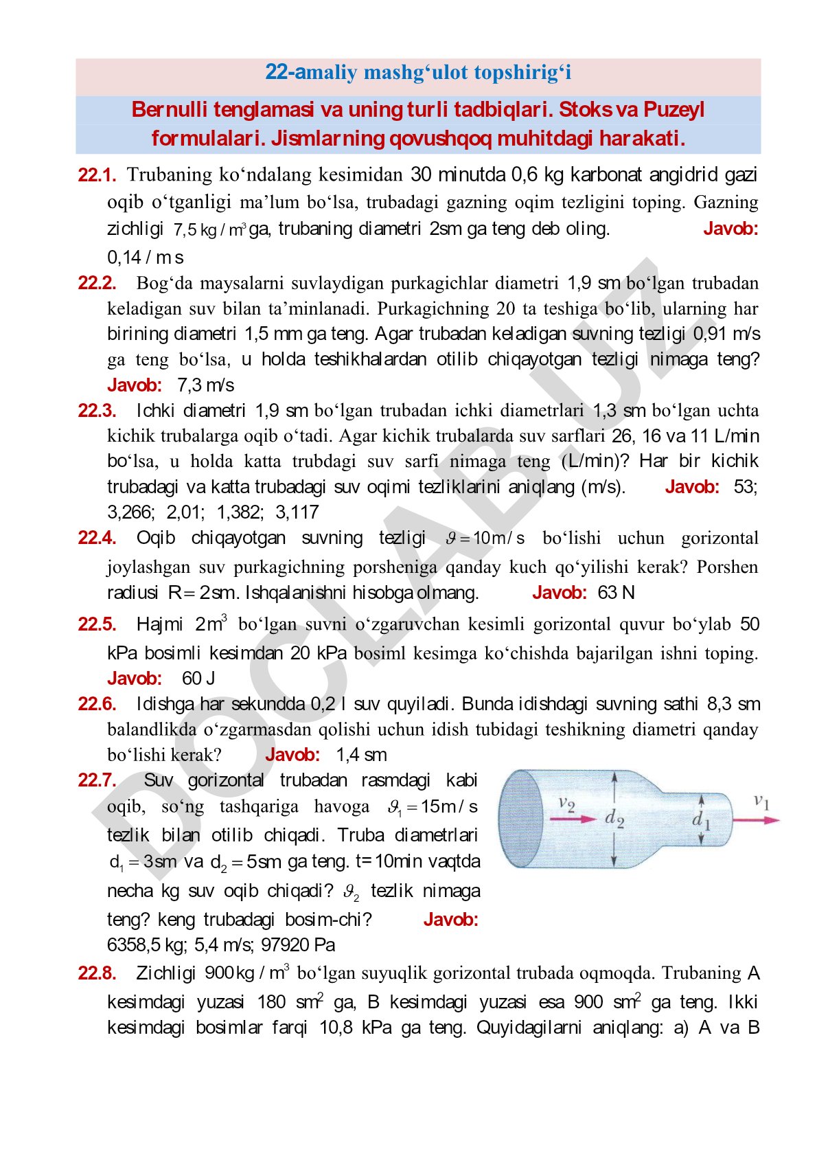 Bernulli tenglamasi va uning tadbiqlari, Stoks va Puzeyl formulalari