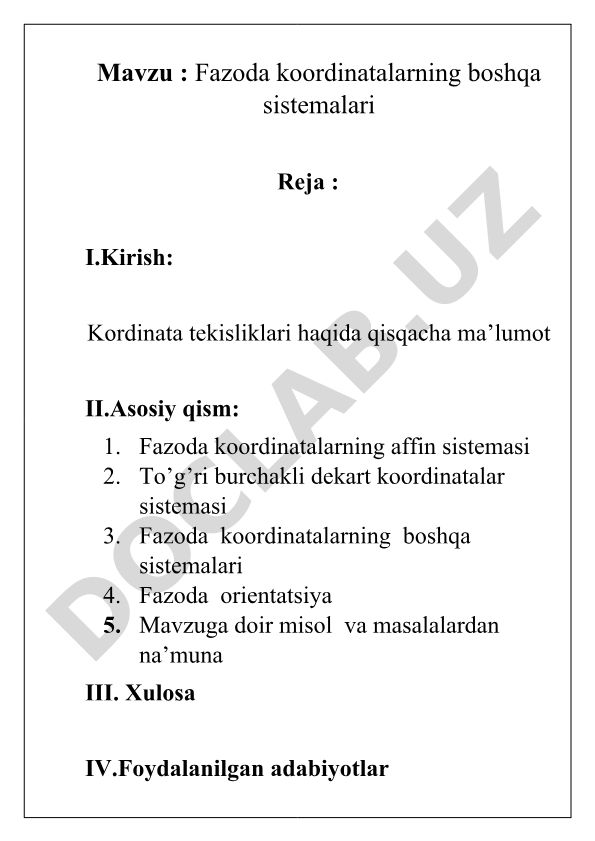 Fazoda koordinatalarning boshqa sistemalari