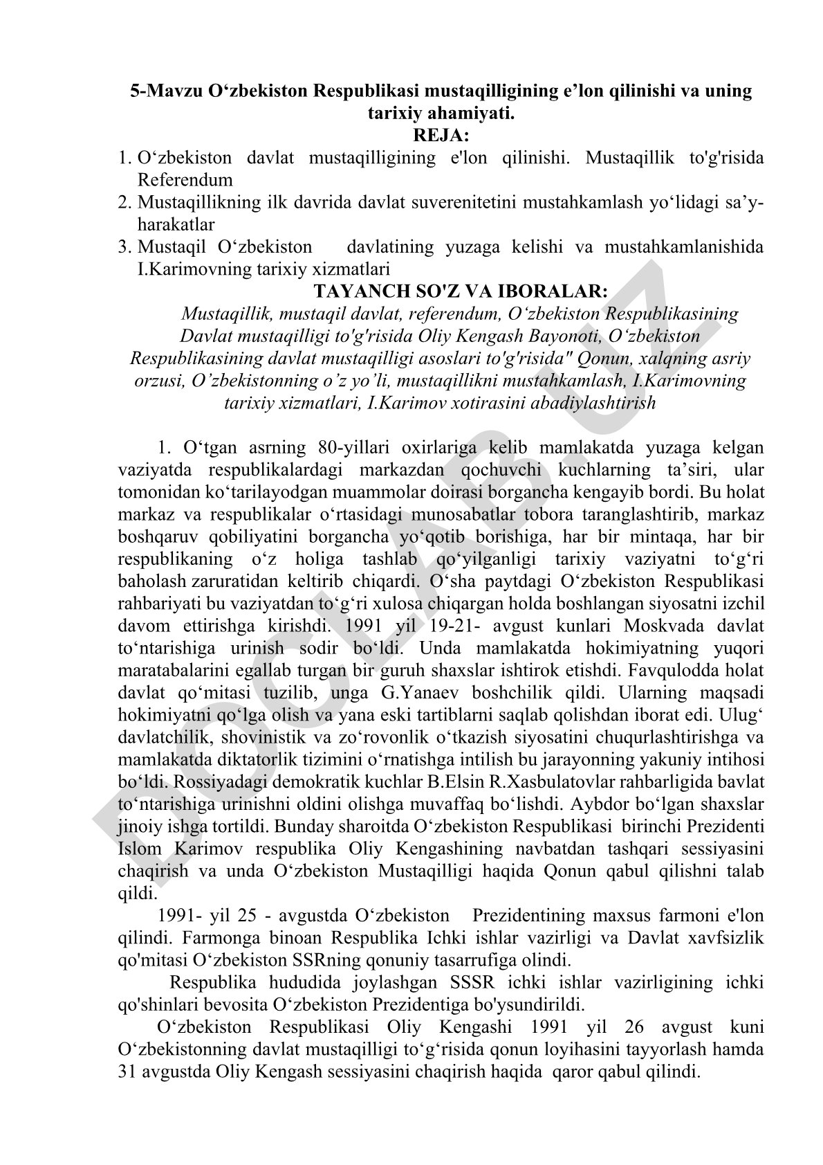 O‘zbekiston Respublikasi mustaqilligining e’lon qilinishi va uning tarixiy ahamiyati