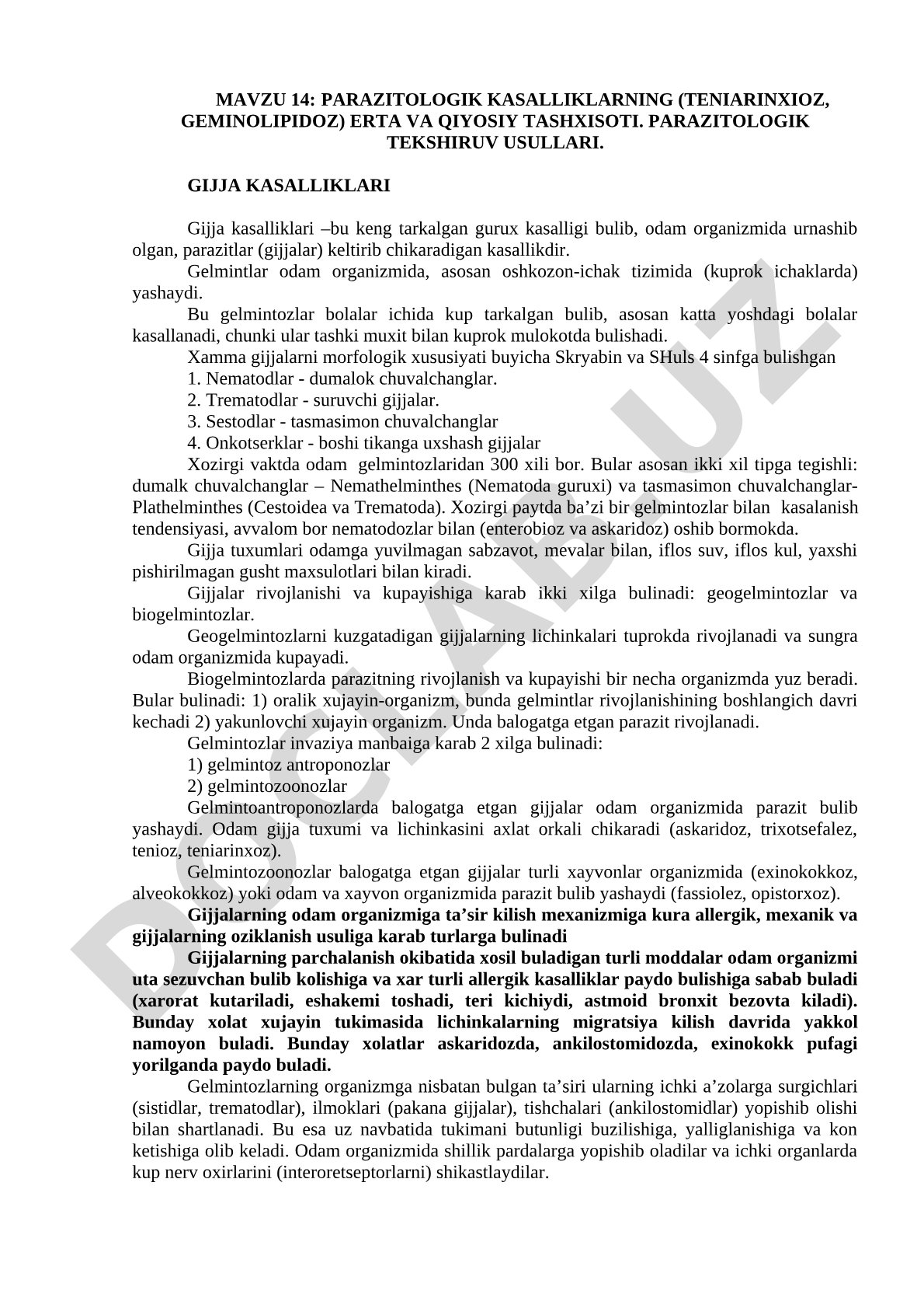 Parazitologik kasalliklarning (teniarinxioz, geminolipidoz) erta va qiyosiy tashxisoti. Parazitologik tekshiruv usullari
