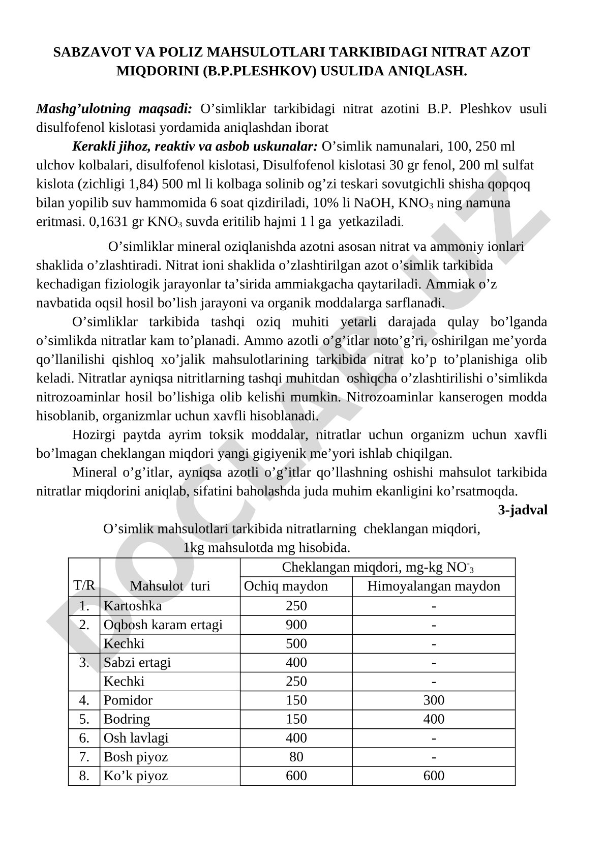Sabzavot va poliz mahsulotlari tarkibidagi nitrat azot miqdorini B.P. Pleshkov usulida aniqlash