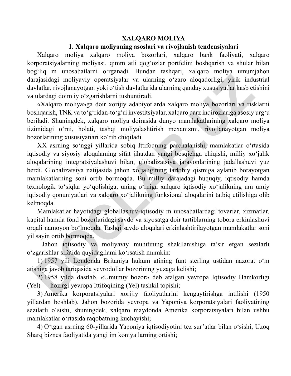 Xalqaro moliyaning asoslari va rivojlanish tendensiyalari
