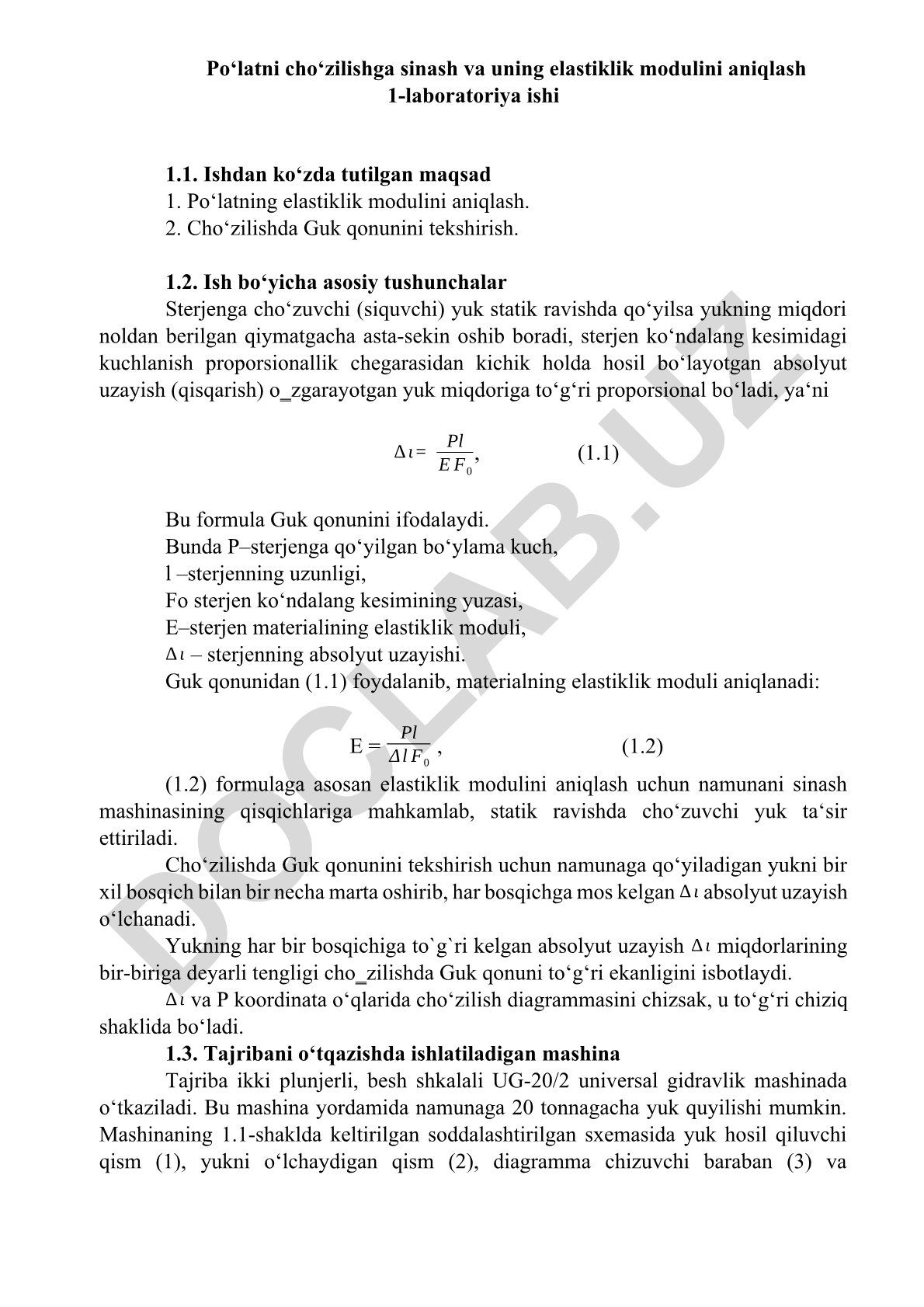 Po'latni cho'zilishga sinash va uning elastiklik modulini aniqlash