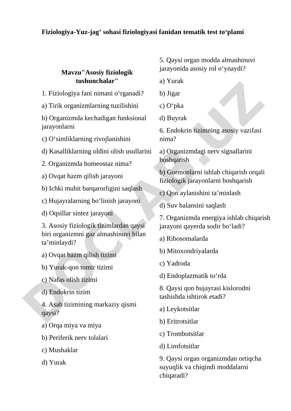 Asosiy fiziologik tushunchalar mavzusidagi tematik test savollari