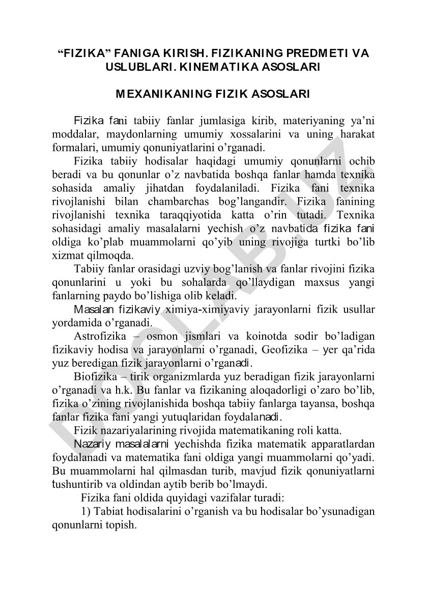 Fizika fanining predmeti, usullari va mexanika asoslari