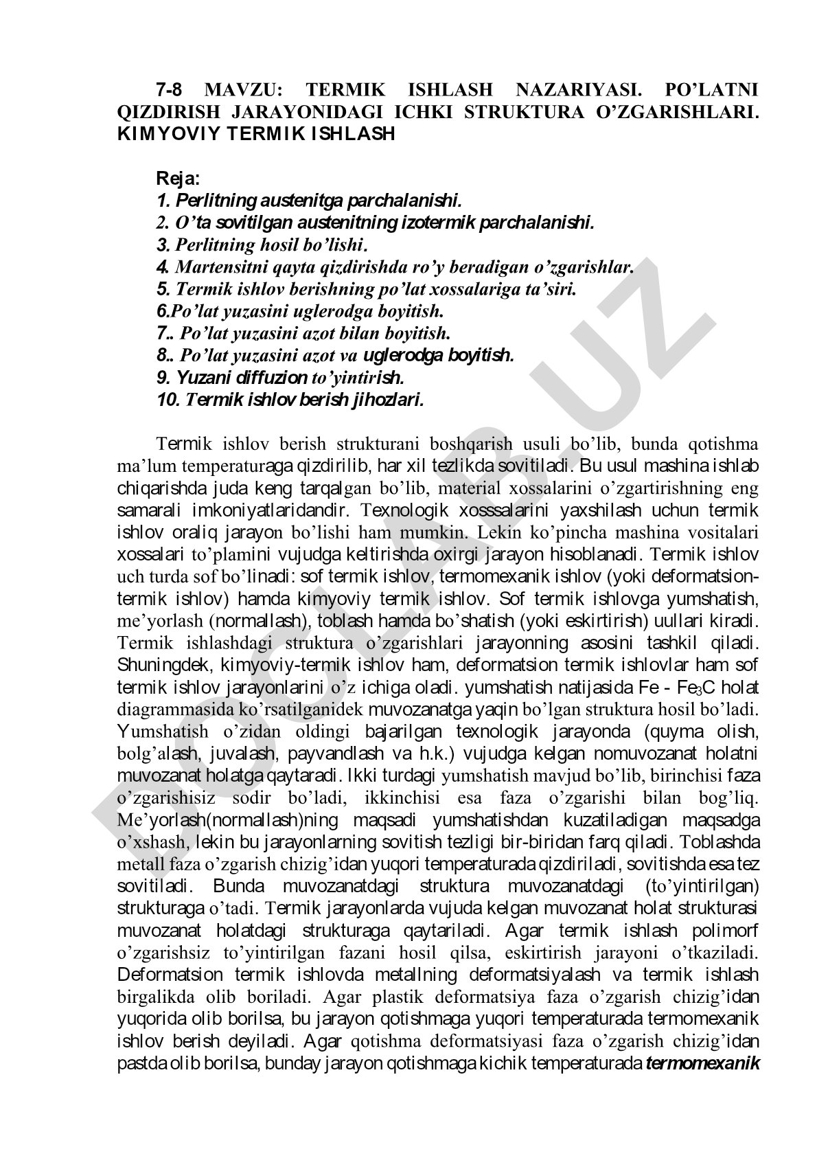 Termik ishlash nazariyasi va po'latni qizdirish jarayonidagi ichki struktura o'zgarishlari