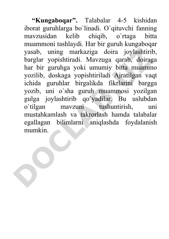 Kungaboqar usuli orqali o'qitish metodikasi