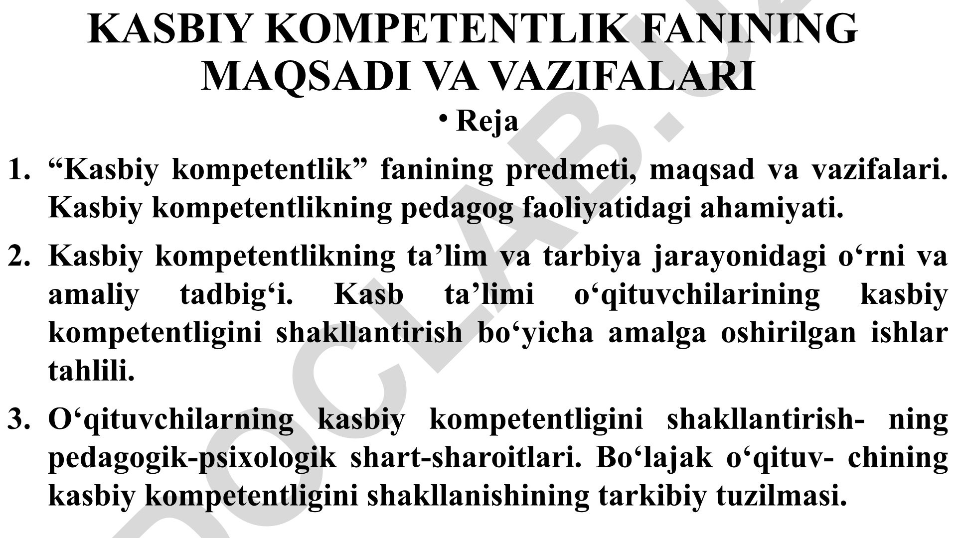 Kasbiy kompetentlik fanining maqsadi va vazifalari