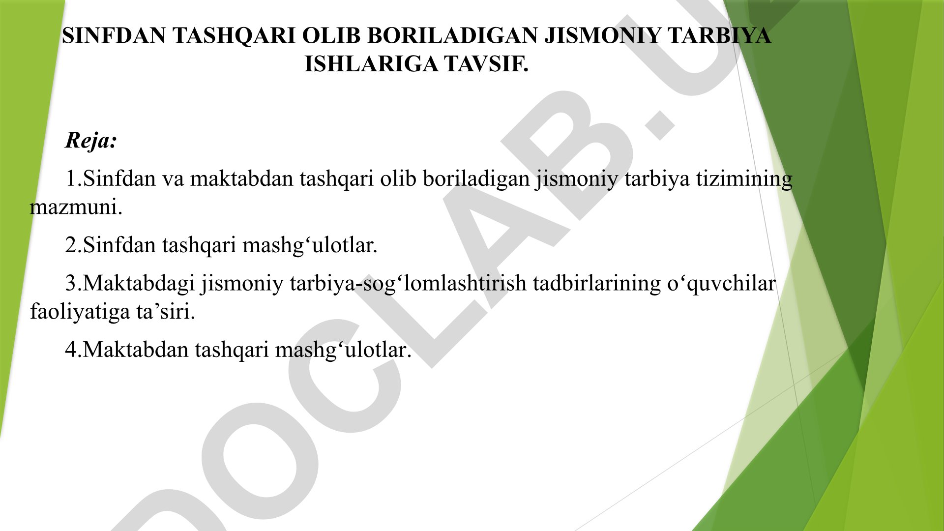 Sinfdan tashqari olib boriladigan jismoniy tarbiya ishlariga tavsif