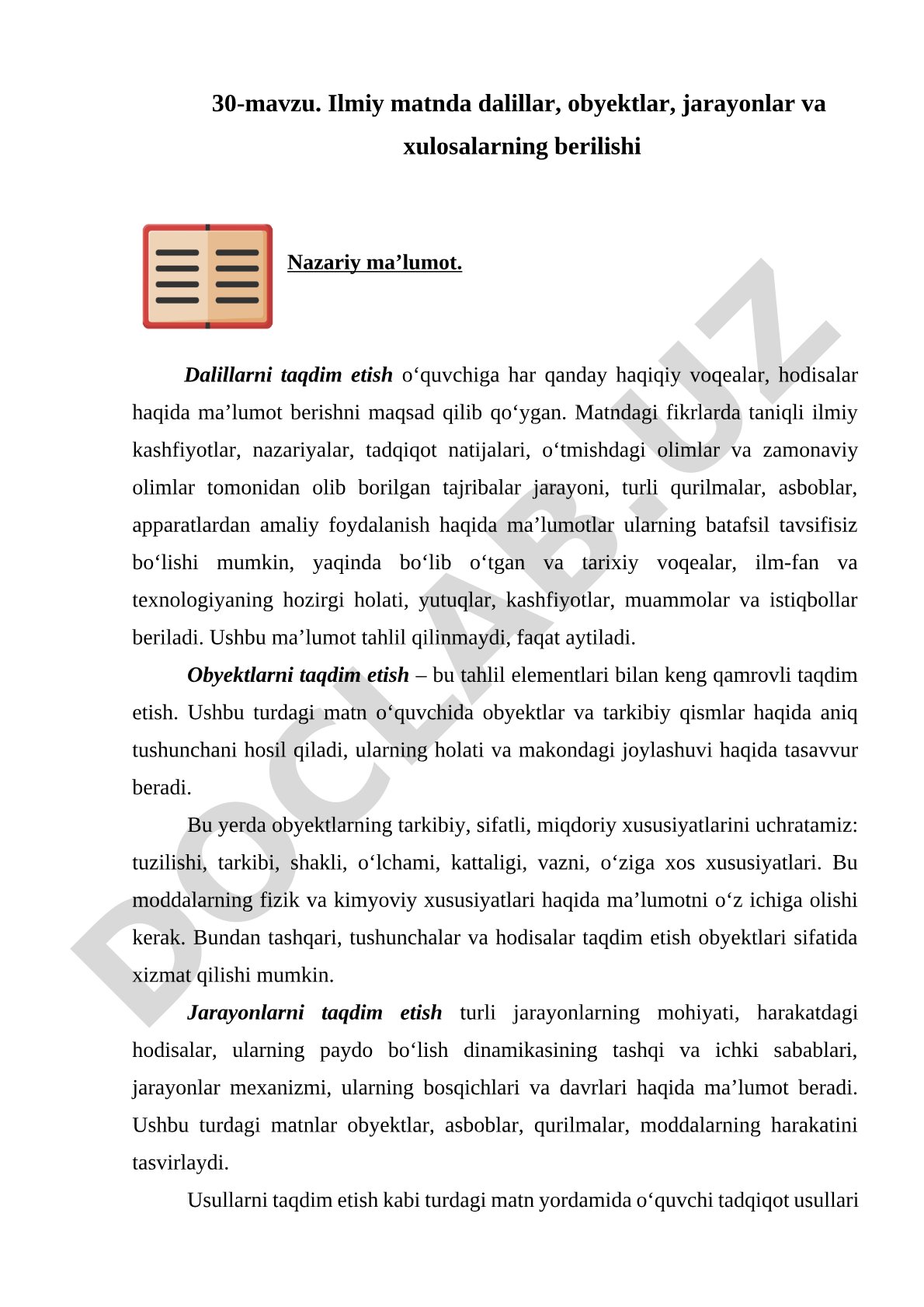 Ilmiy matnda dalillar, obyektlar, jarayonlar va xulosalarning berilishi