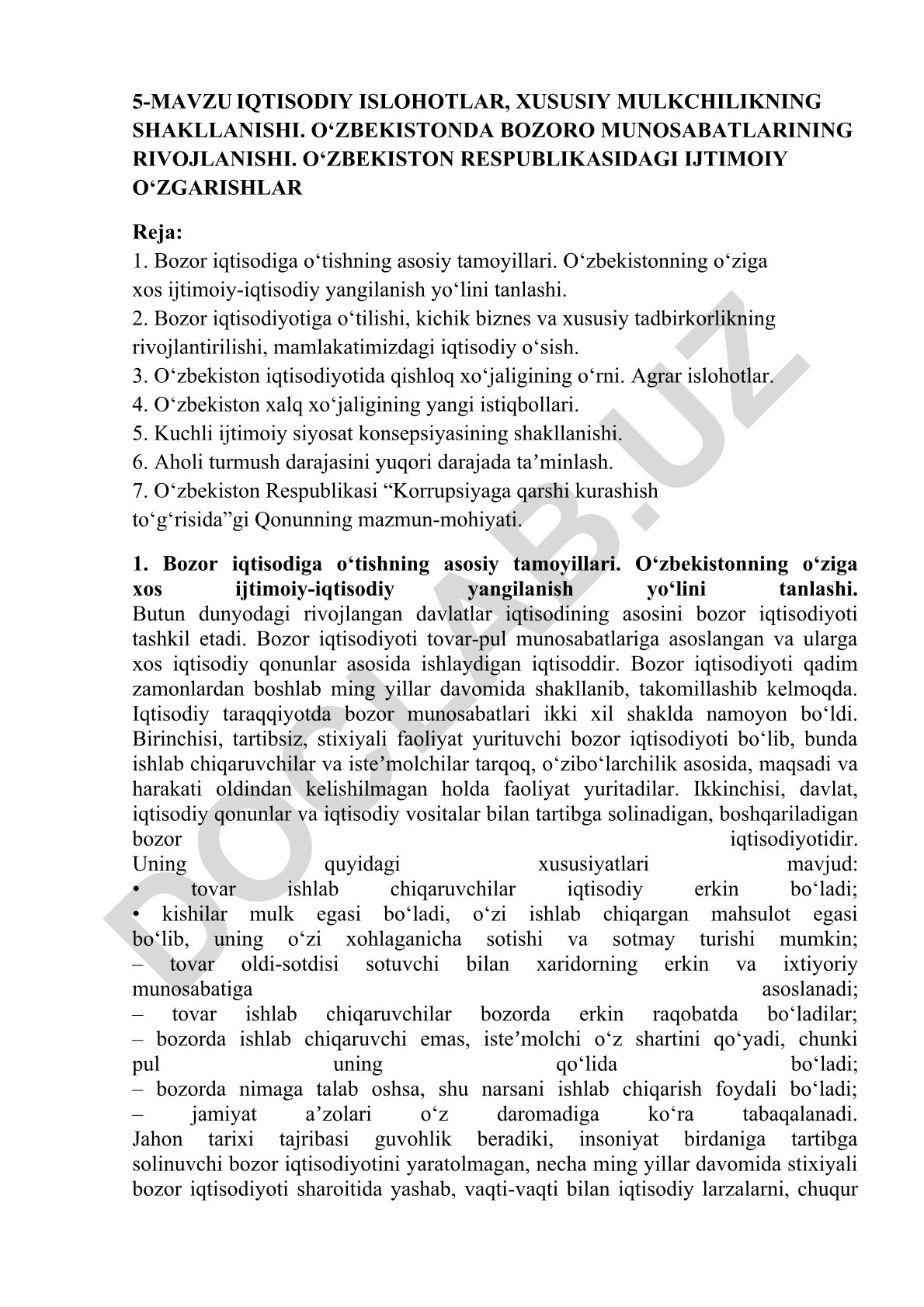 O‘zbekistonda bozor iqtisodiyotiga o‘tish va iqtisodiy islohotlar