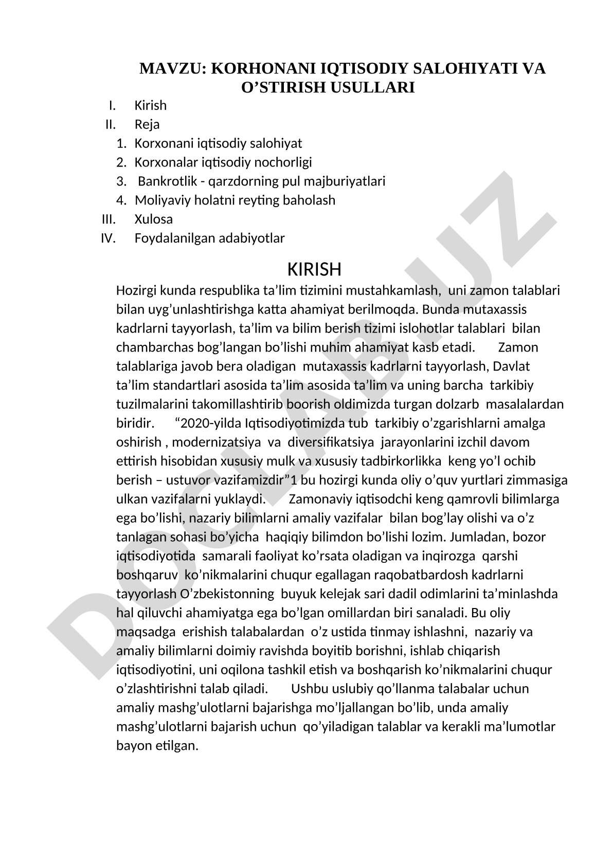 Korxonani iqtisodiy salohiyati va o'stirish usullari