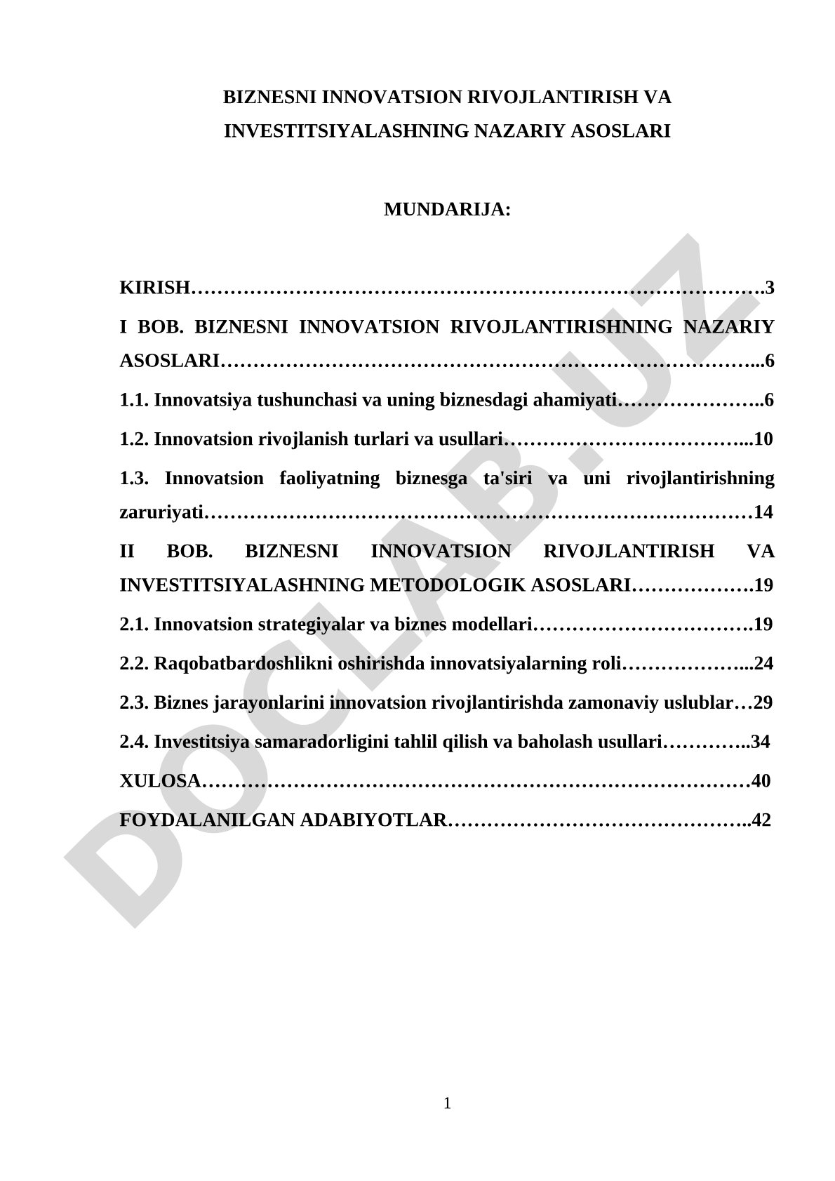 Biznesni innovatsion rivojlantirish va investitsiyalashning nazariy asoslari