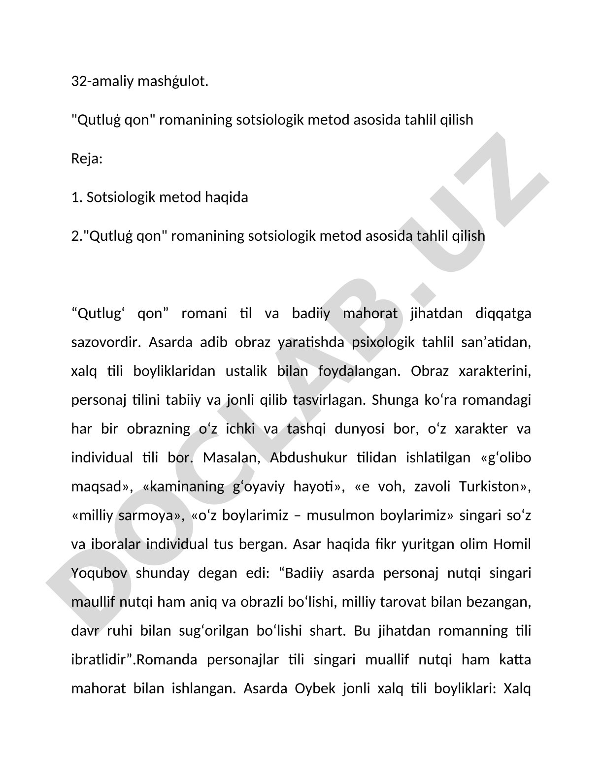 Qutlug' qon romanining sotsiologik metod asosida tahlil qilish