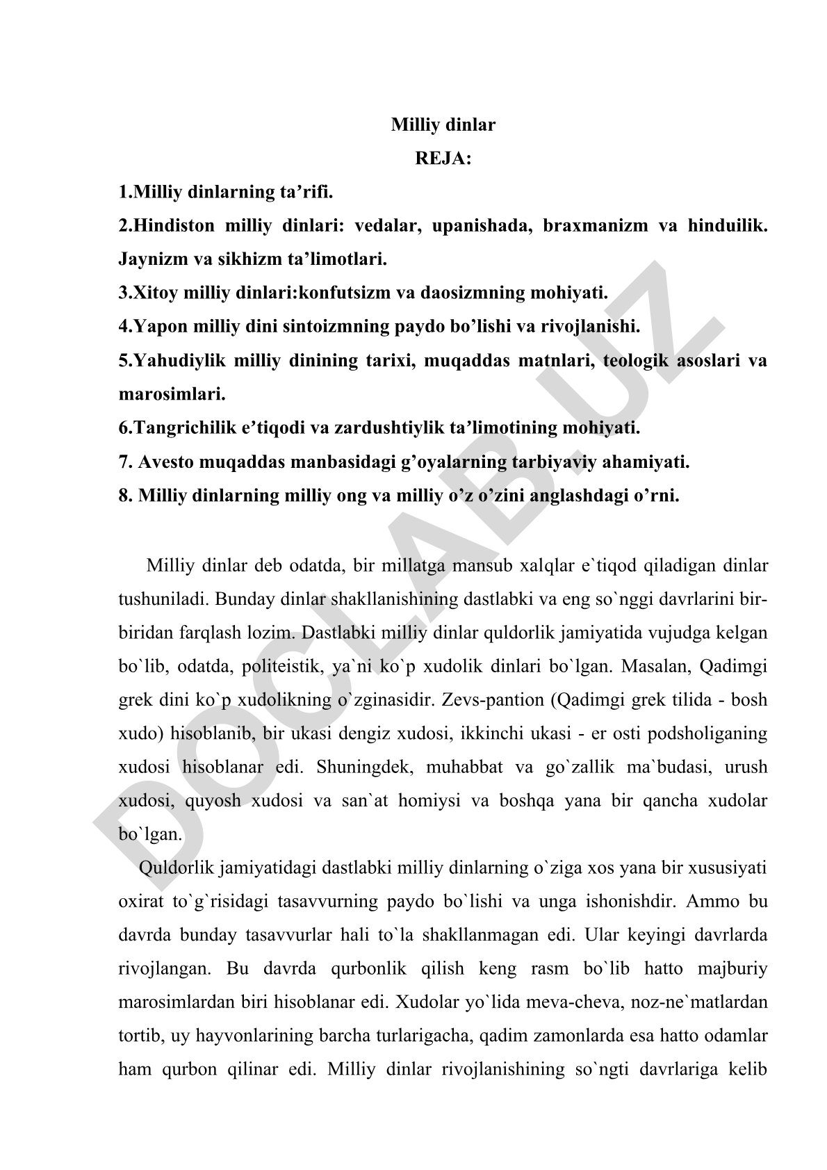 Milliy dinlar: ta'rifi, Hindiston, Xitoy, Yapon, Yahudiylik, Tangrichilik va Avesto