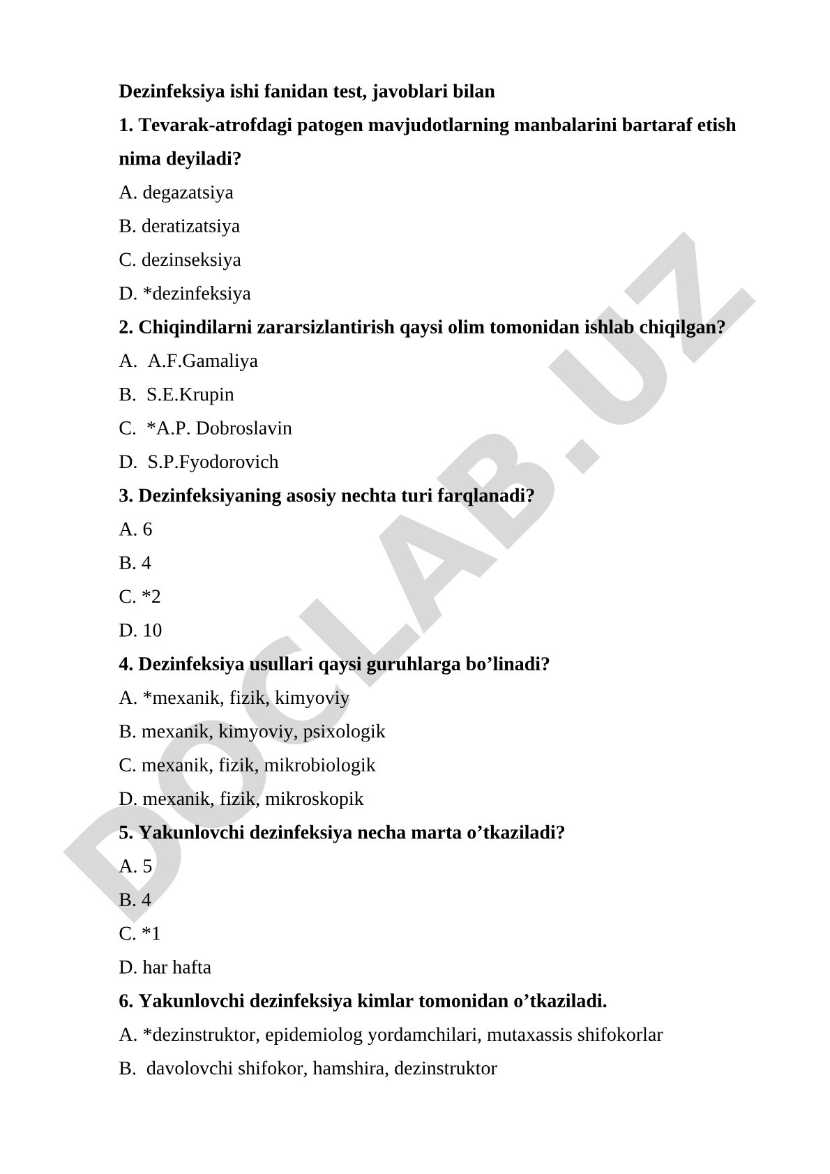 Dezinfeksiya ishi fanidan test javoblari bilan