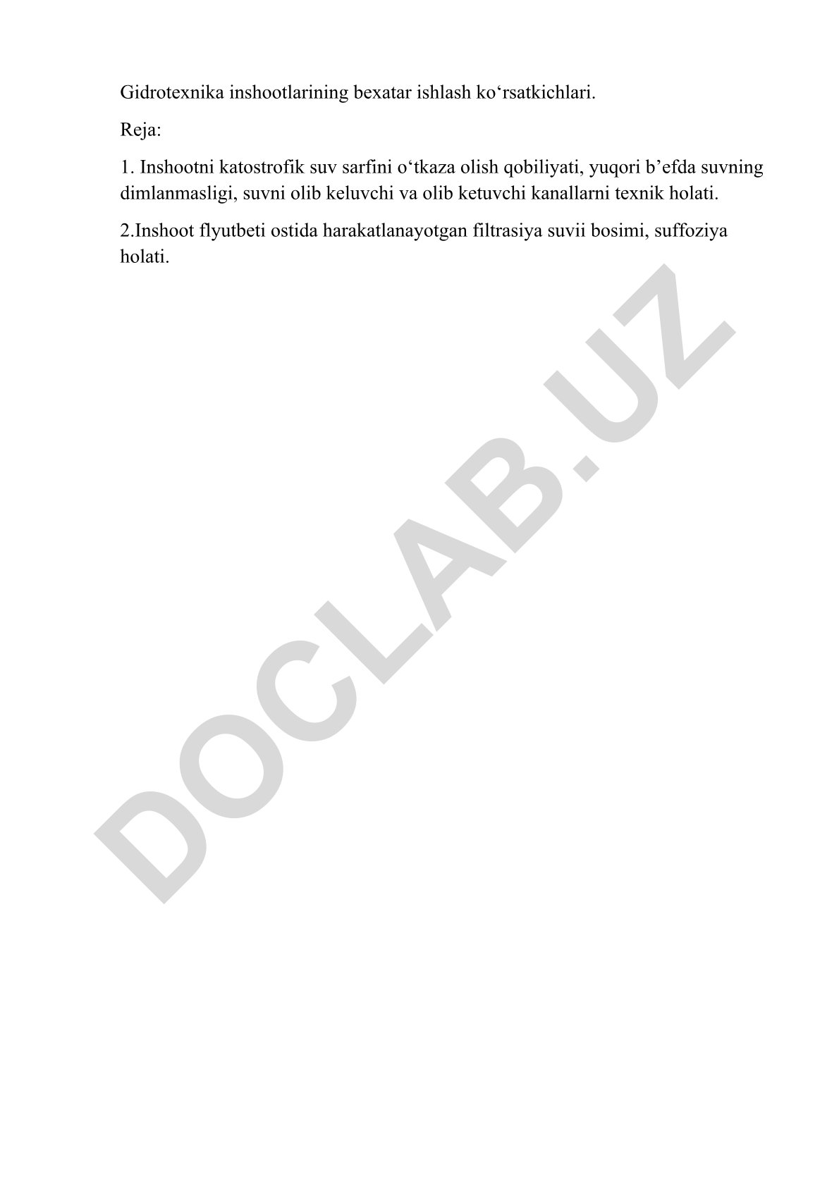 Gidrotexnika inshootlarining bexatar ishlash ko‘rsatkichlari