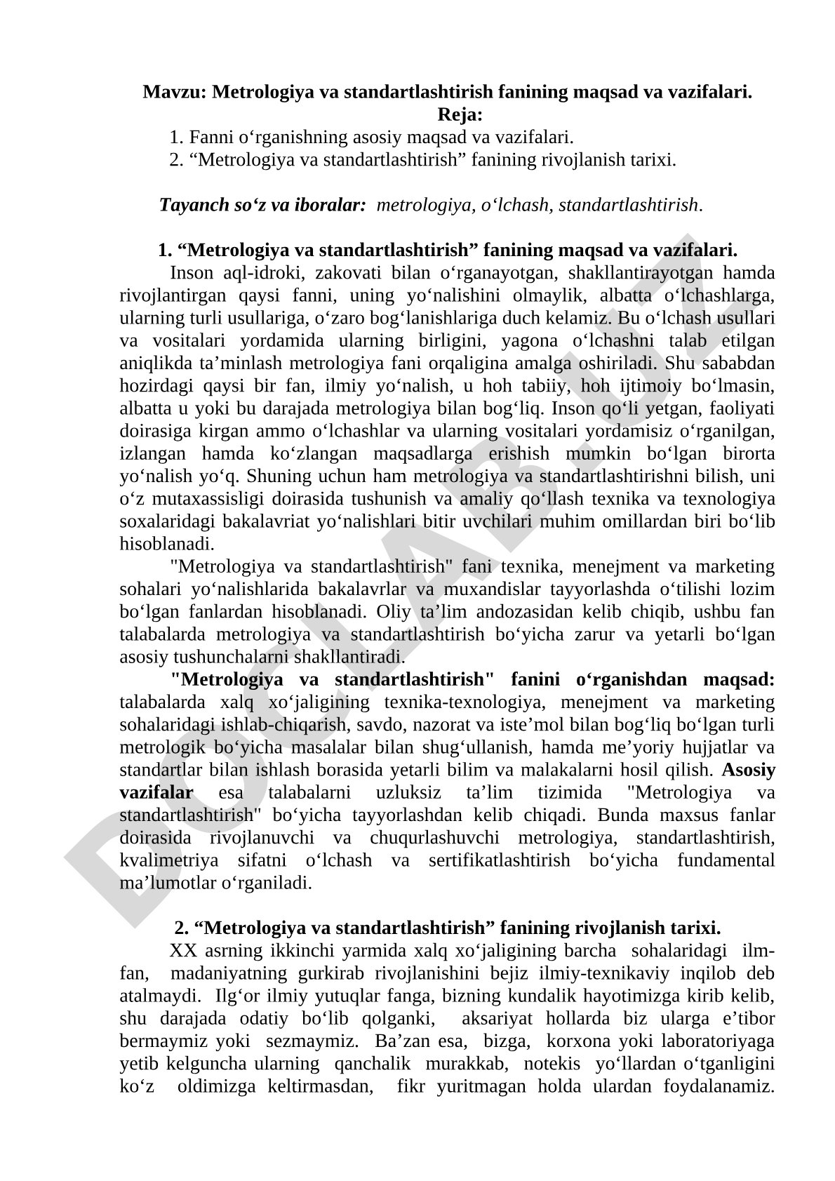 Metrologiya va standartlashtirish fanining maqsad va vazifalari