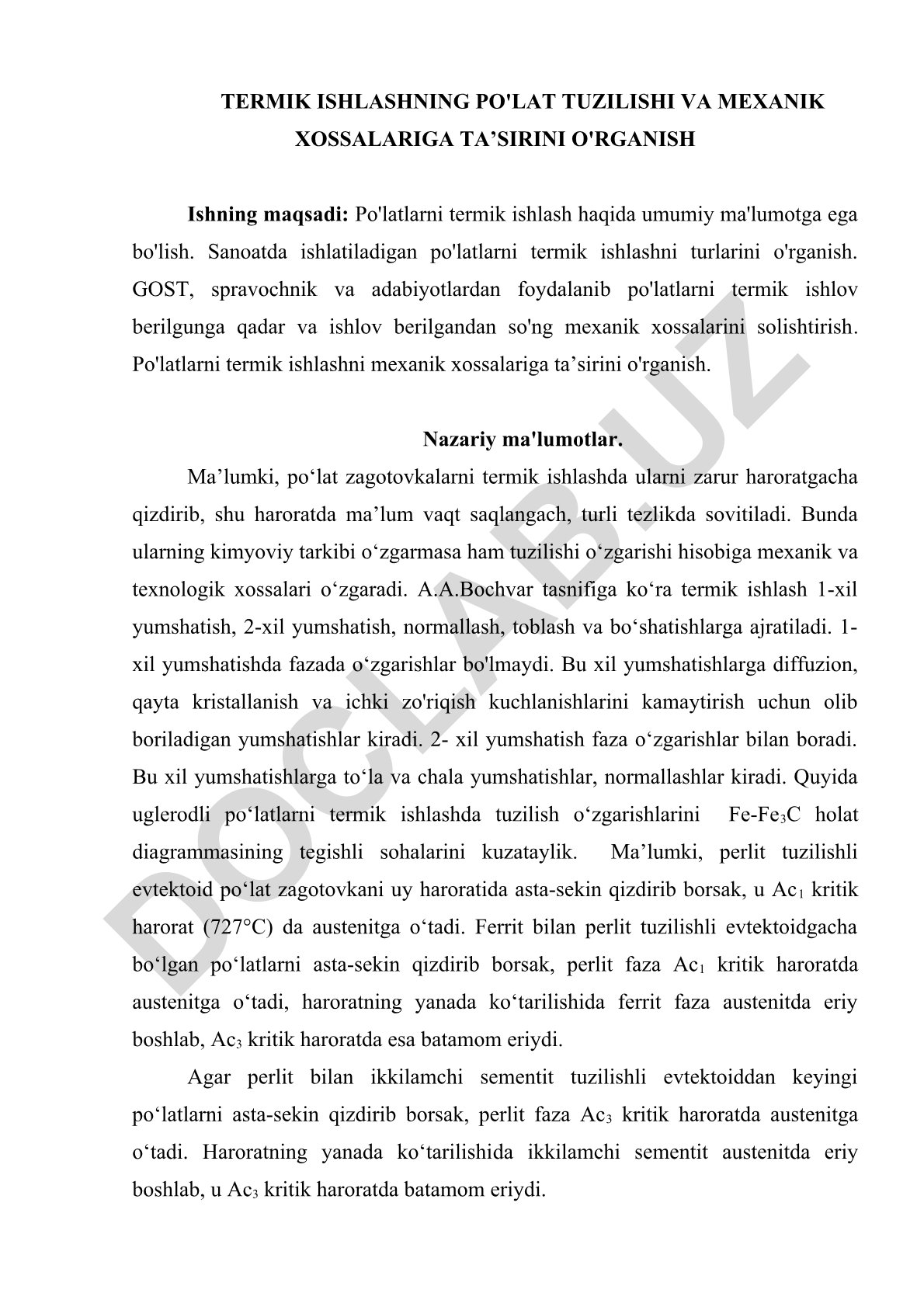 Po'latlarni termik ishlashning tuzilishi va mexanik xossalarga ta'siri
