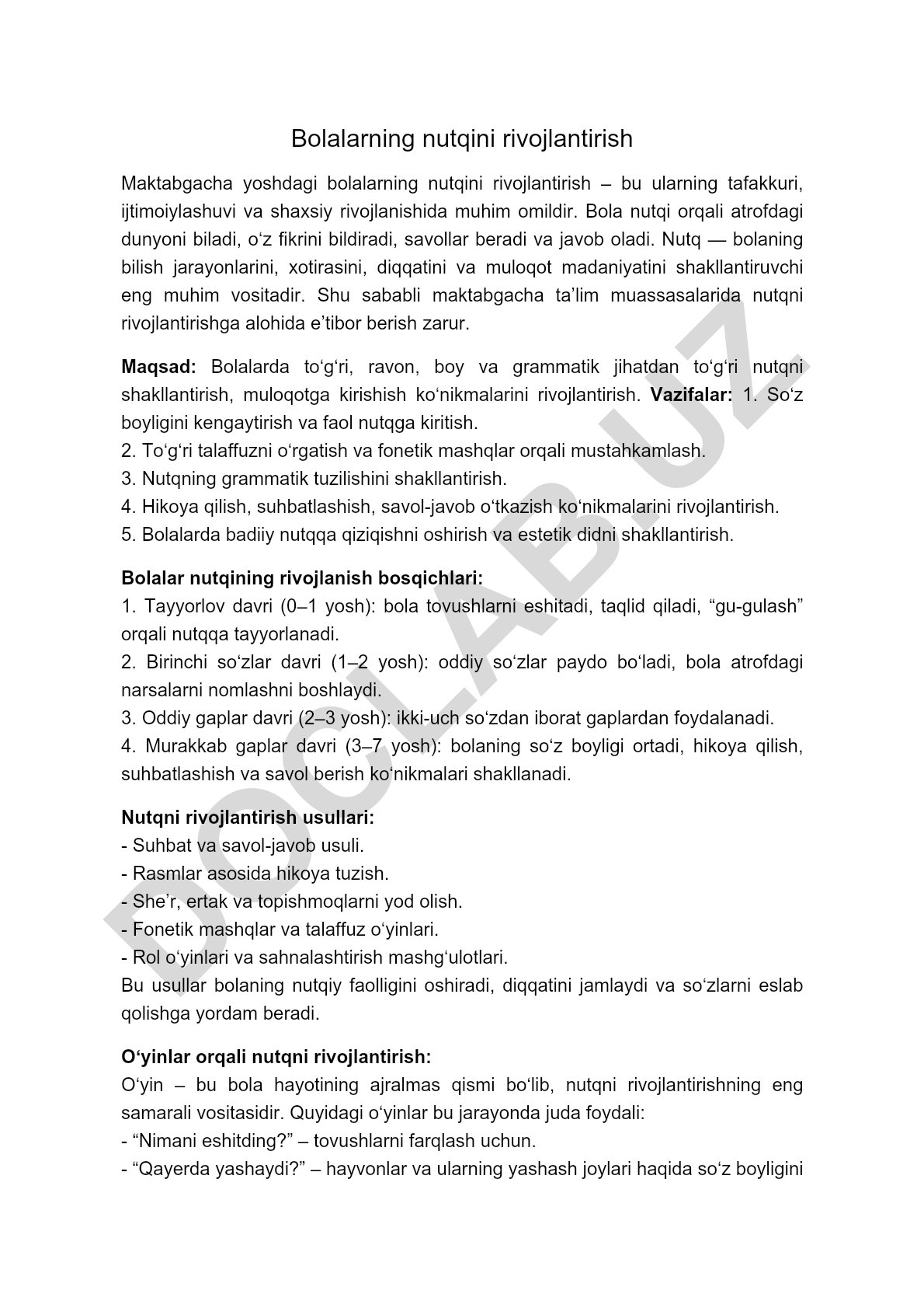 Maktabgacha yoshdagi bolalarning nutqini rivojlantirish