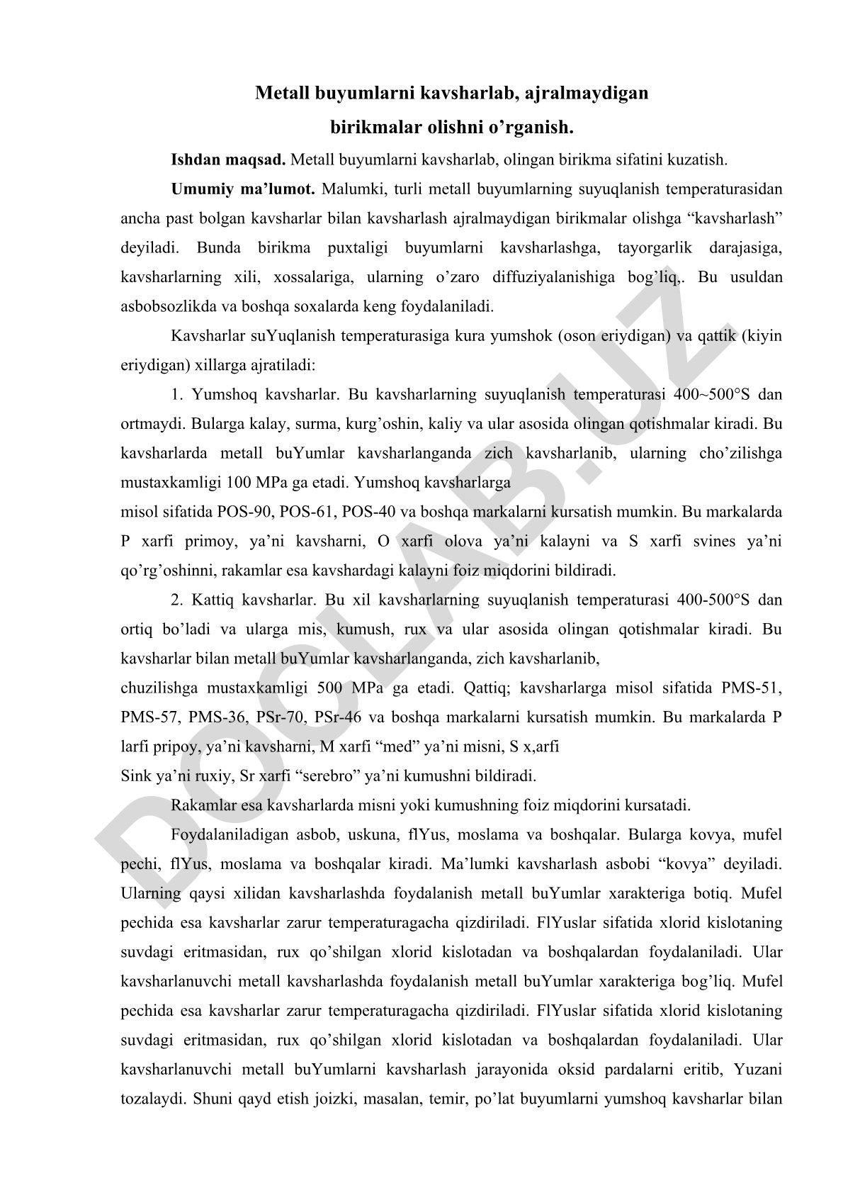 Metall buyumlarni kavsharlash va ajralmaydigan birikmalar olish