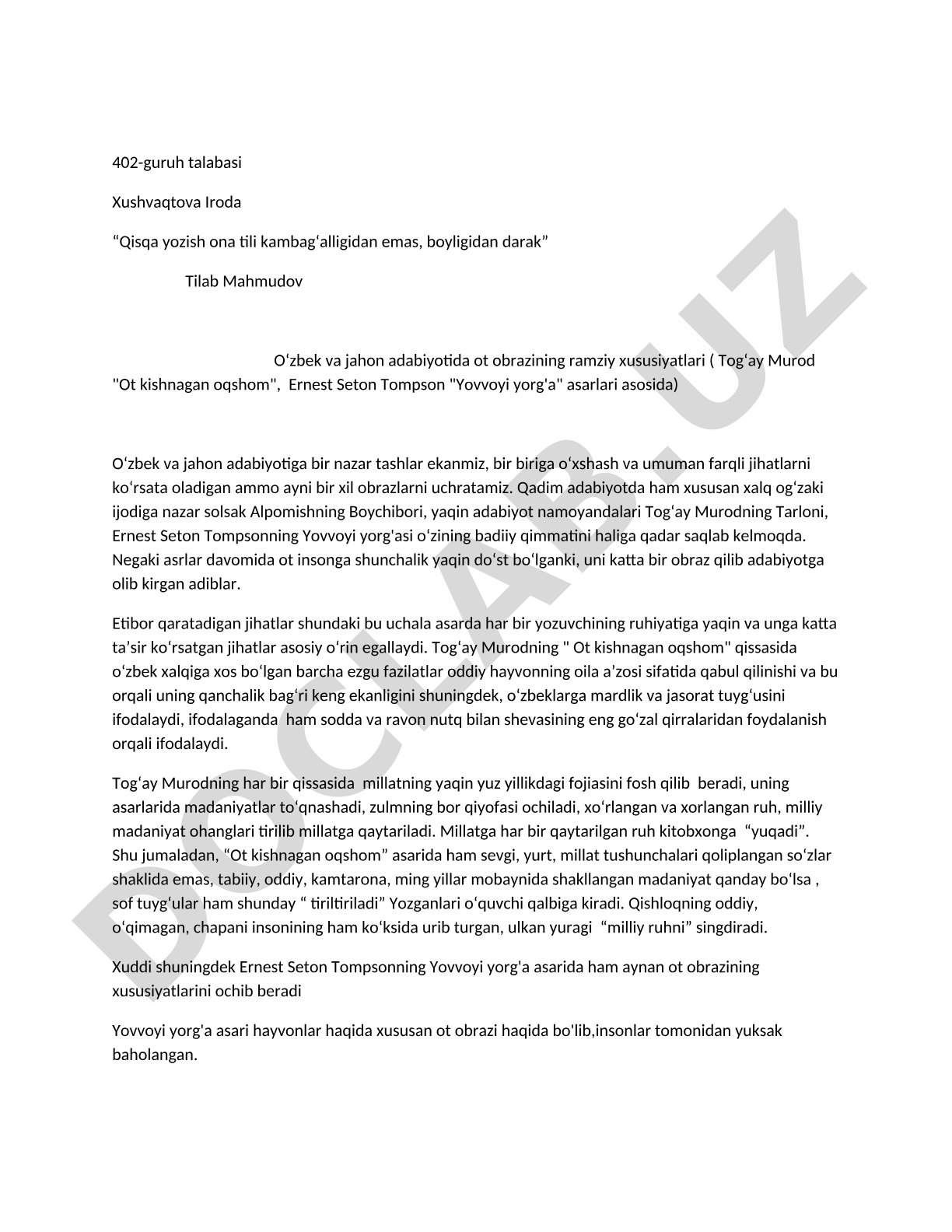 O'zbek va jahon adabiyotida ot obrazining ramziy xususiyatlari (Tog'ay Murod, Ernest Seton Tompson asarlari asosida)
