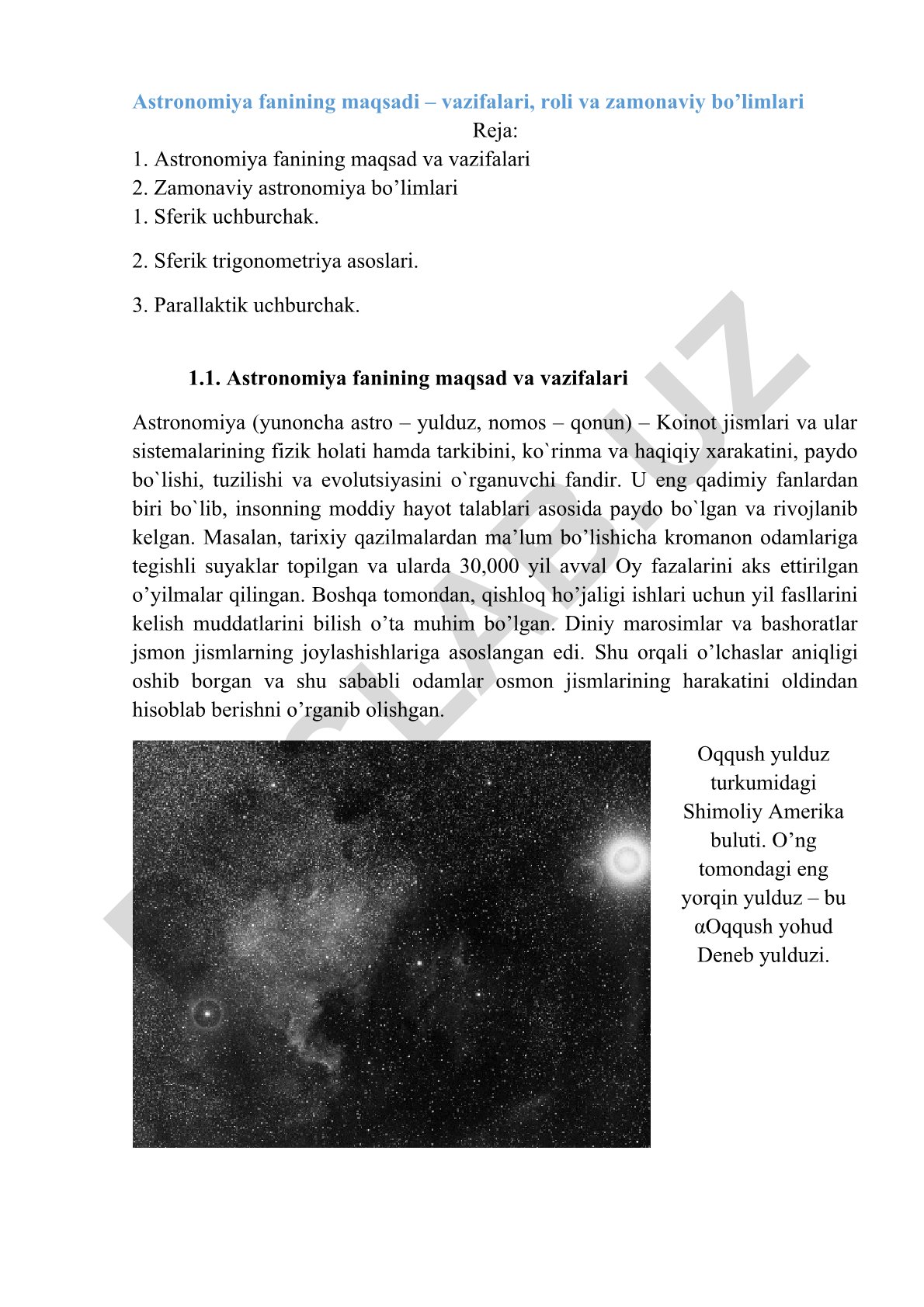 Astronomiya fanining maqsadi, vazifalari, roli va zamonaviy bo'limlari