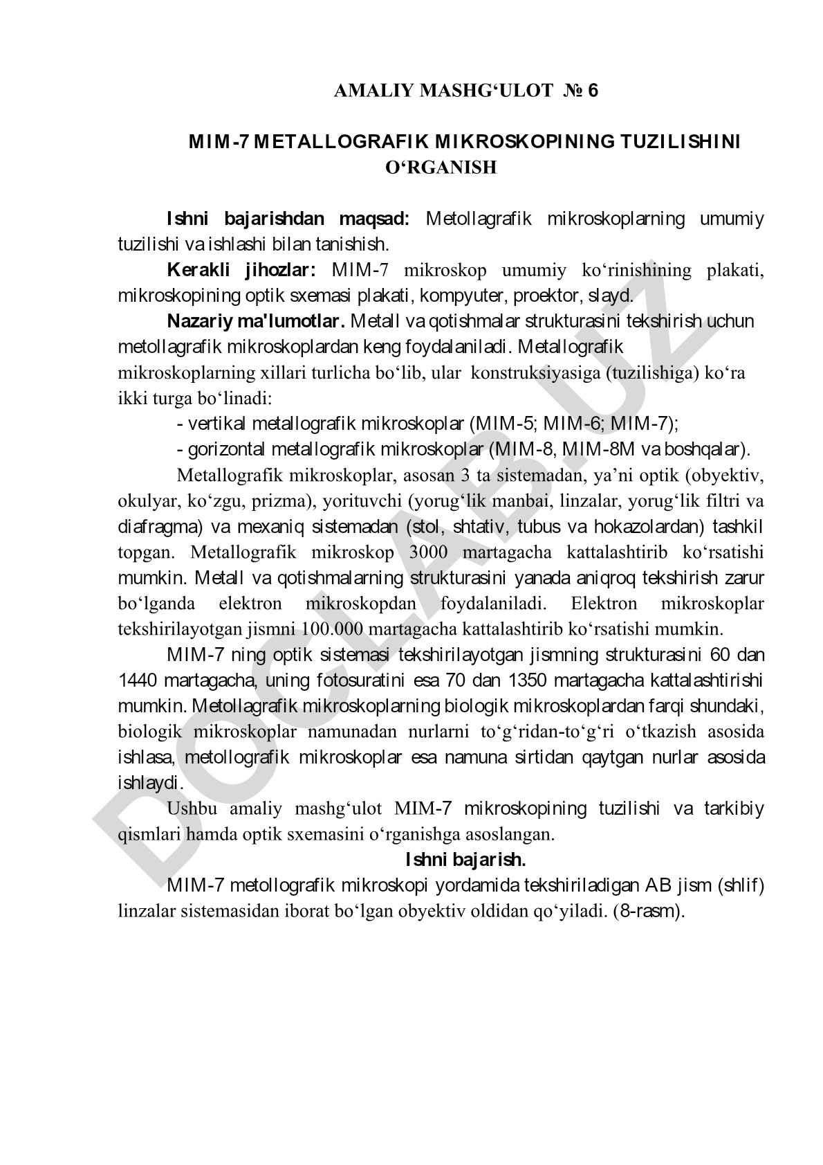 MIM-7 metallografik mikroskopining tuzilishi va ishlash tamoyillari