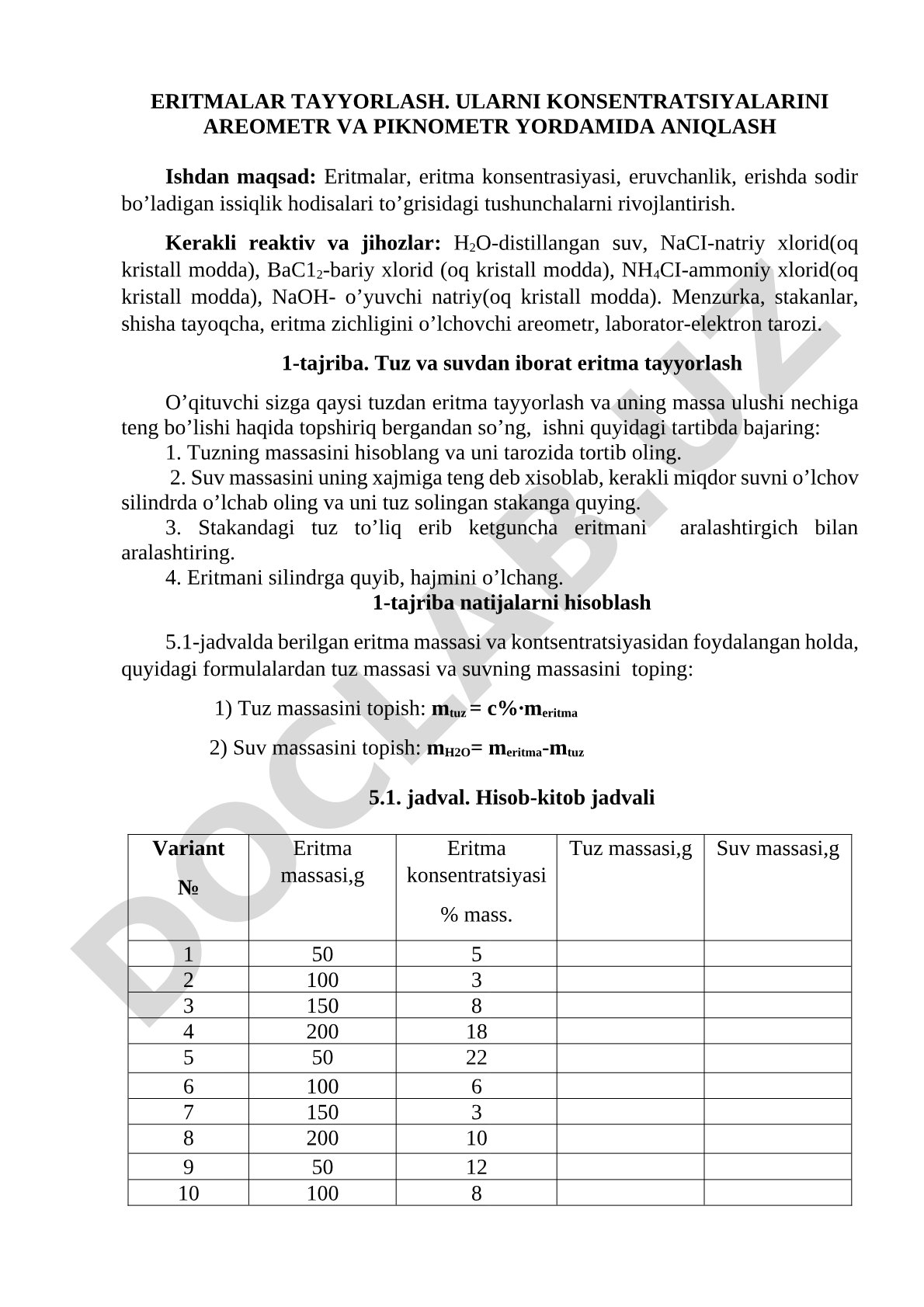 Eritmalar tayyorlash va ularning konsentratsiyalarini areometr va piknometr yordamida aniqlash