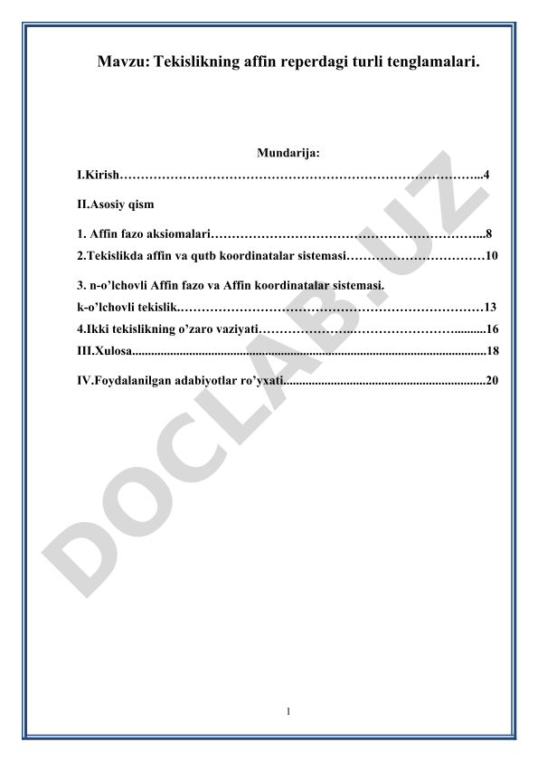 Tekislikning affin reperdagi turli tenglamalari