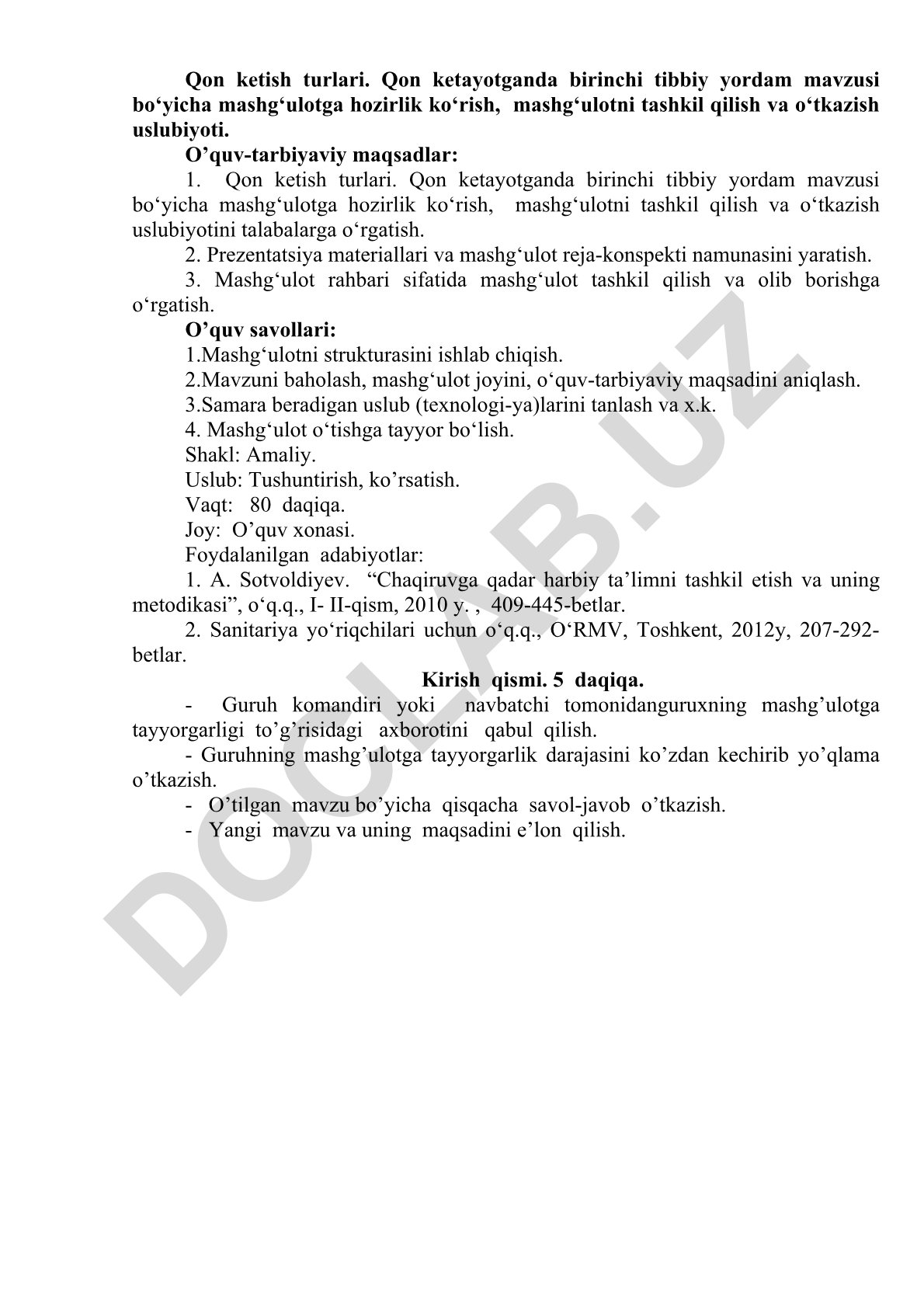 Qon ketish turlari va birinchi tibbiy yordam mashg'uloti