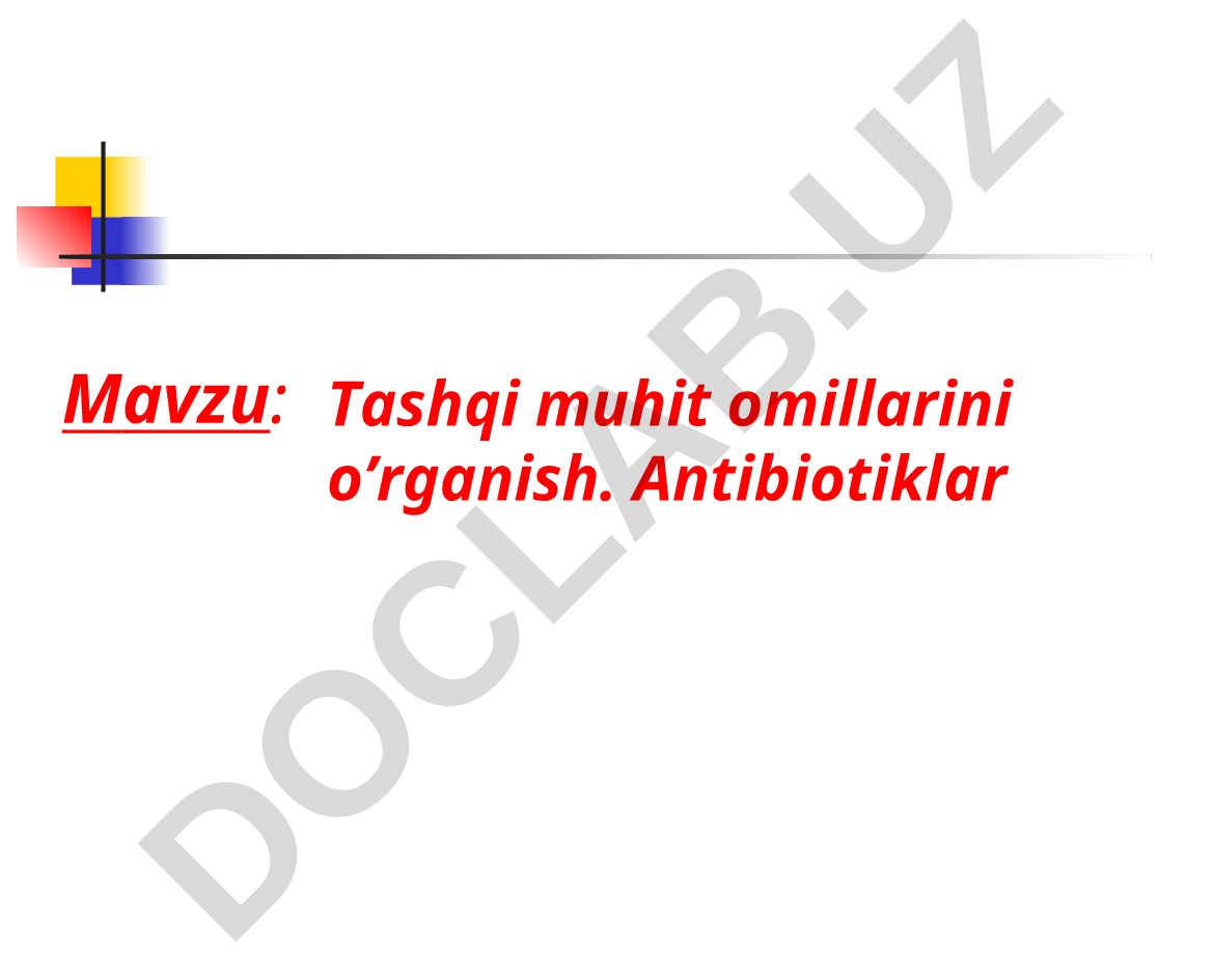 Tashqi muhit omillarini o’rganish. Antibiotiklar Sterilizatsiya vositalar, asbob-uskuna, dori-darmon, va hokazolar yordamida mikroorganizmlar va ularning sporalaridan to'liq qutilishdir. Dezinfeksiya Mikroorganizmlarni o’ldirish uchun sterillashdan tashqari, dezinfeksiyadan xam foydalaniladi. Bunda kasallik tug’diruvchi mikroorganizmlar, spora hosil qilmaydigan ko’pgina patogen mikroorganizmlar zararsiz holga keltariladi. Odam, xona va kiyimlar dezinfeksiya qilinadi. Dezinfeksiyada har xil uchuvchan va uchmaydigan kimyoviy moddalar-lizol, fenol, formalьdegid, xloroform, xloramin, spirt, vodorod peroksidi, kaliy permanganati va boshqalar ishlatiladi. Sterilizatsiya va dezinfeksiya usullari Sterilizatsiya va dezinfeksiya usullari Issiqlik: bug ' va havo, (issiq -). Kimyoviy: gaz yoki kimyoviy yechimlari Radiatsiya sterilizatsiya sanoat varianti ham qo'llaniladi. Membrana usuli sterilizatsiya boshqa usullar tez agar buzishi mumkin bo'lgan steril yechimlari, kichik miqdorda olish uchun ishlatiladi filtrlar Sterilizatsiya usullari shifoxonalarda foydalanish uchun tasdiqlangan. Usul tipi Usuk Sterillovchi agent Jismoniy (termik) Bug`li Ortiqcha bosim ostida suvli to`yingan bug` Ha