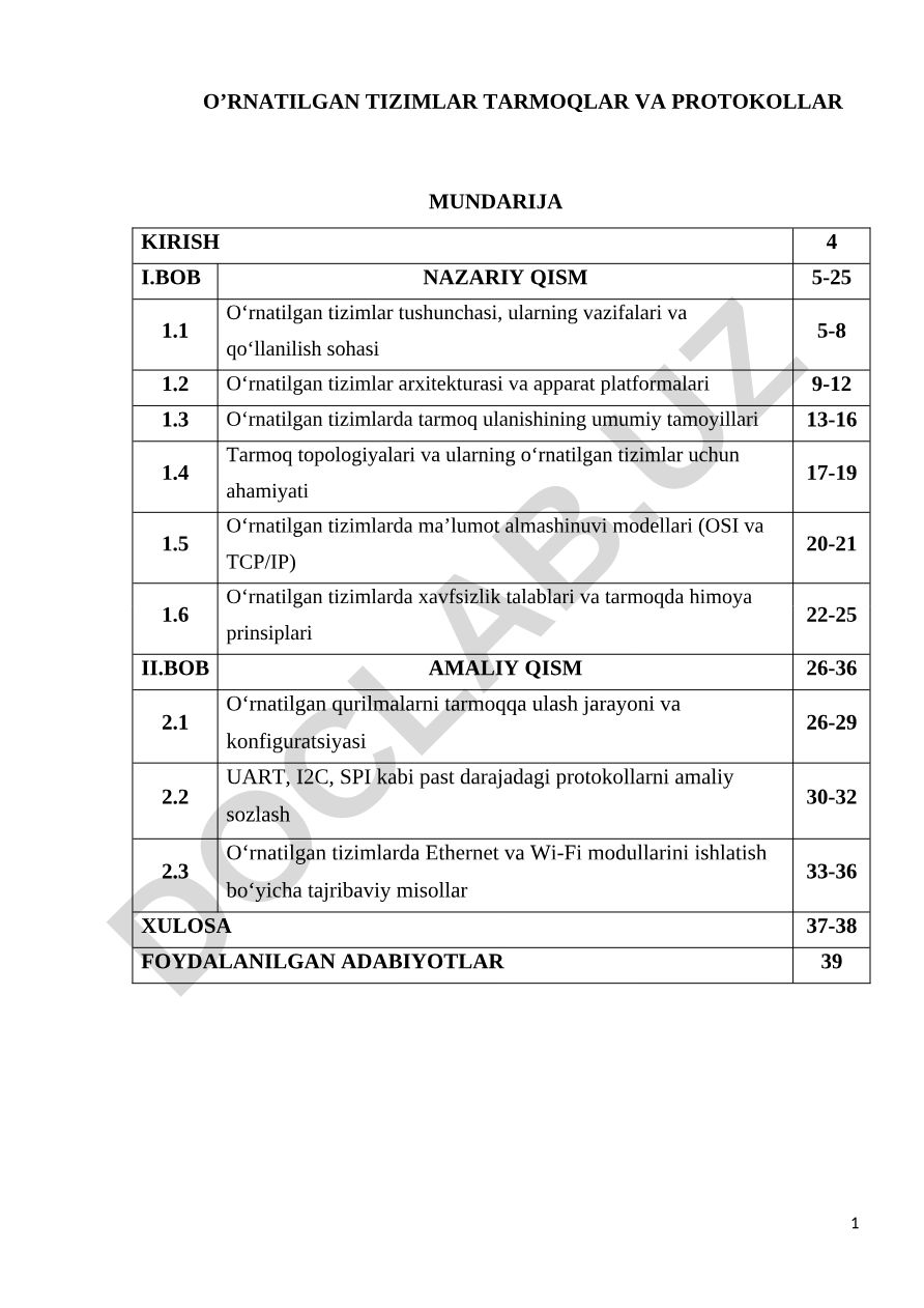 O'rnatilgan tizimlar tarmoqlar va protokollar