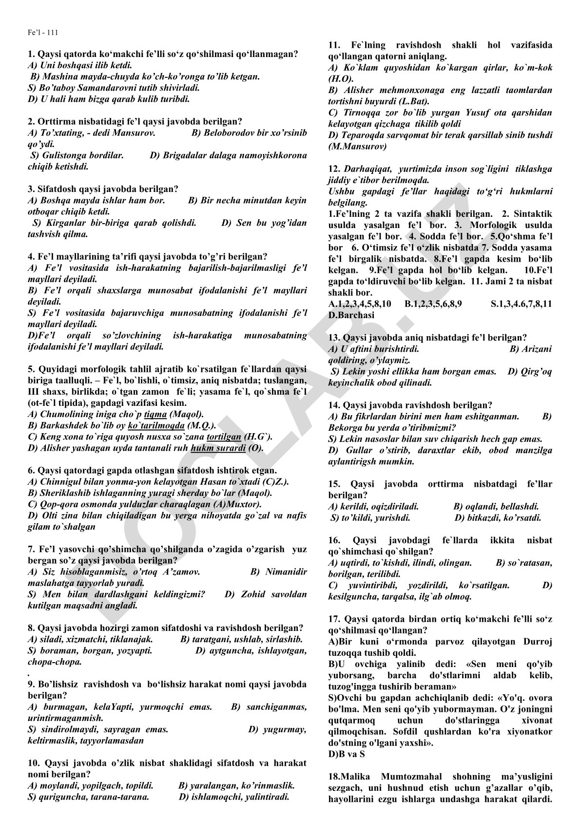 O'zbek tili fe'l mayllari va tahlili test savollari