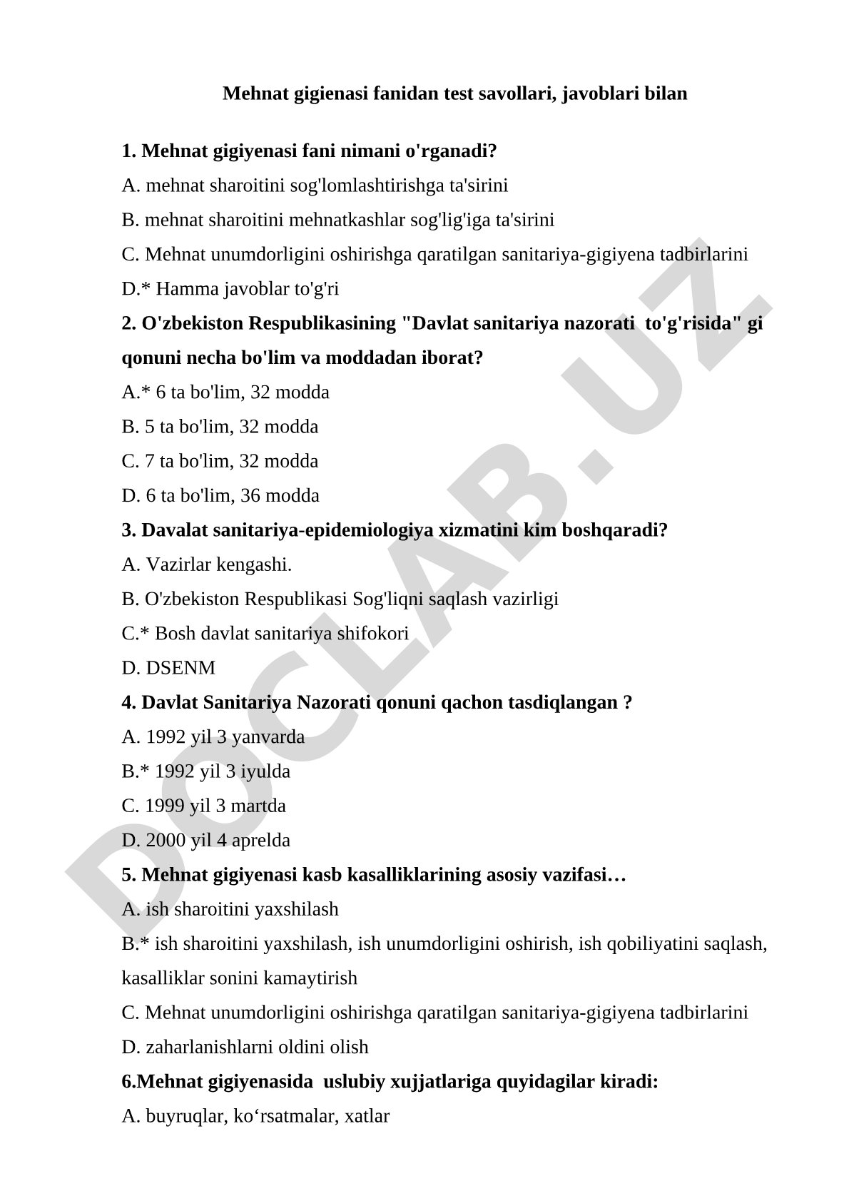 Mehnat gigienasi fanidan test savollari