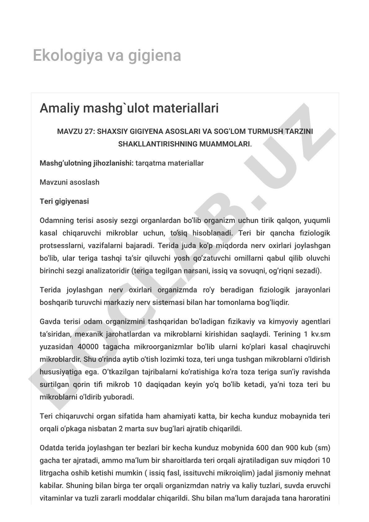 Shaxsiy gigiyena asoslari va sog'lom turmush tarzini shakllantirishning muammolari