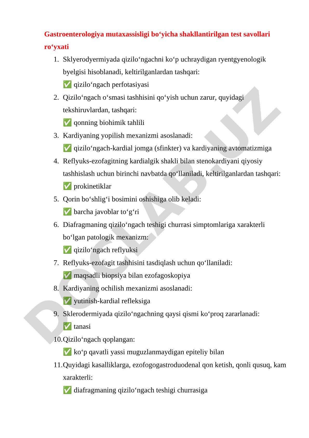 Gastroenterologiya mutaxassisligi bo'yicha test savollari